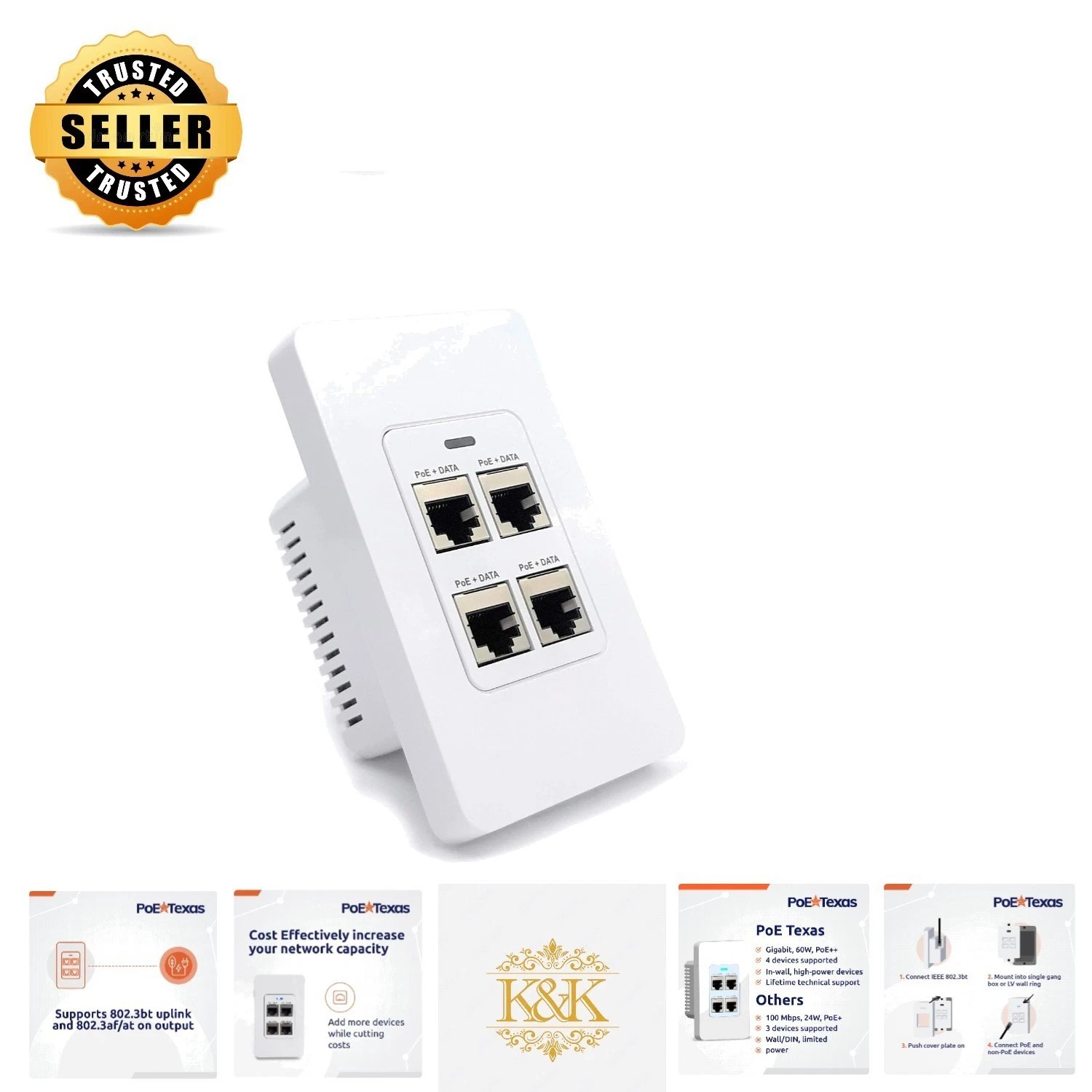 High-Performance 4-Port In-Wall PoE Switch - 300' Range, Reliable Connectivity