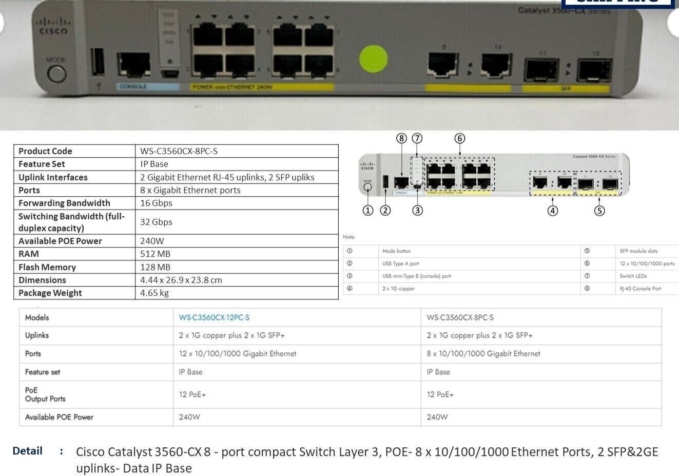 Cisco WS-C3560CX-8PC-S 8 Port Rack Mountable Catalyst Switch