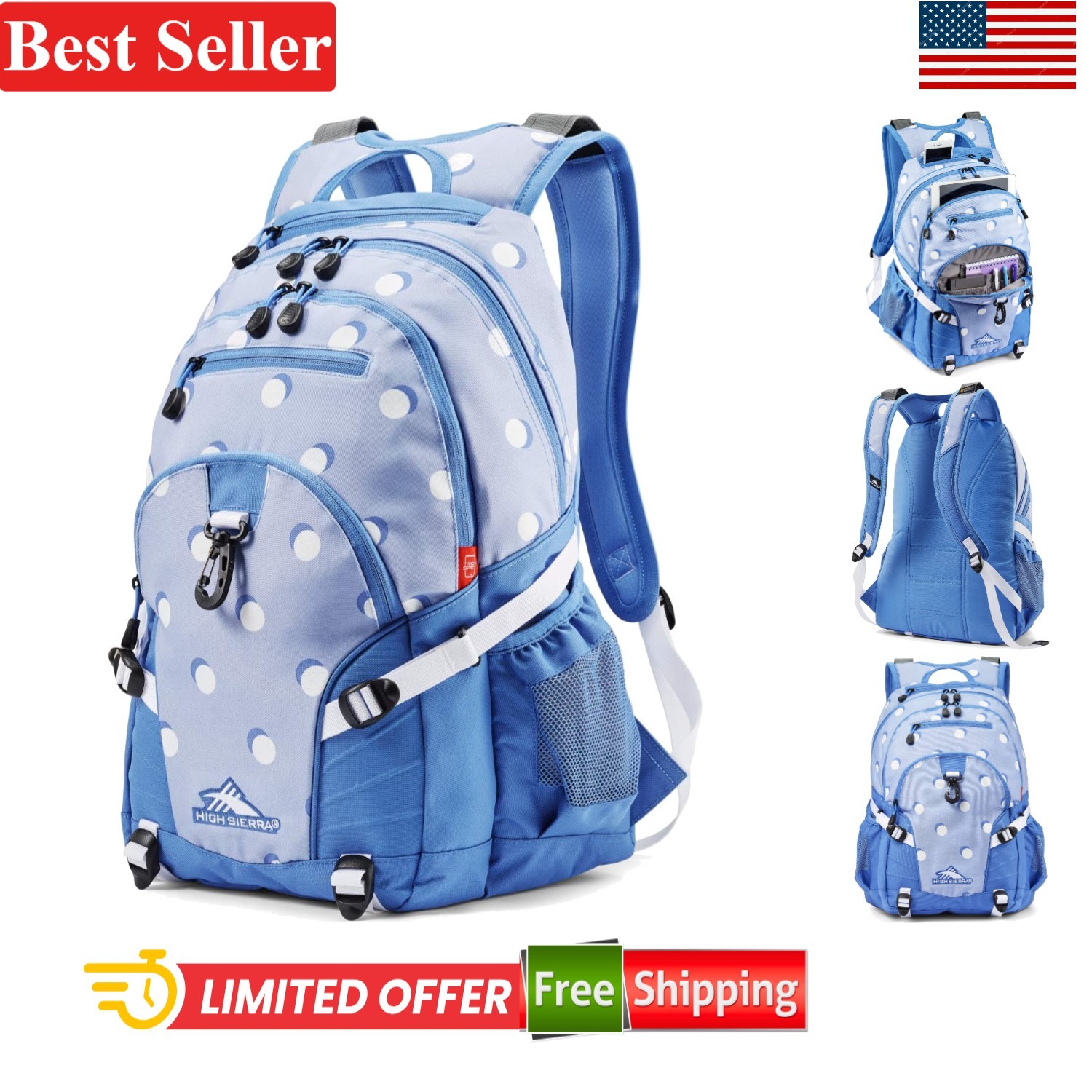 Travel or Work Backpack with Tablet Sleeve Polka Dot 33L One Size
