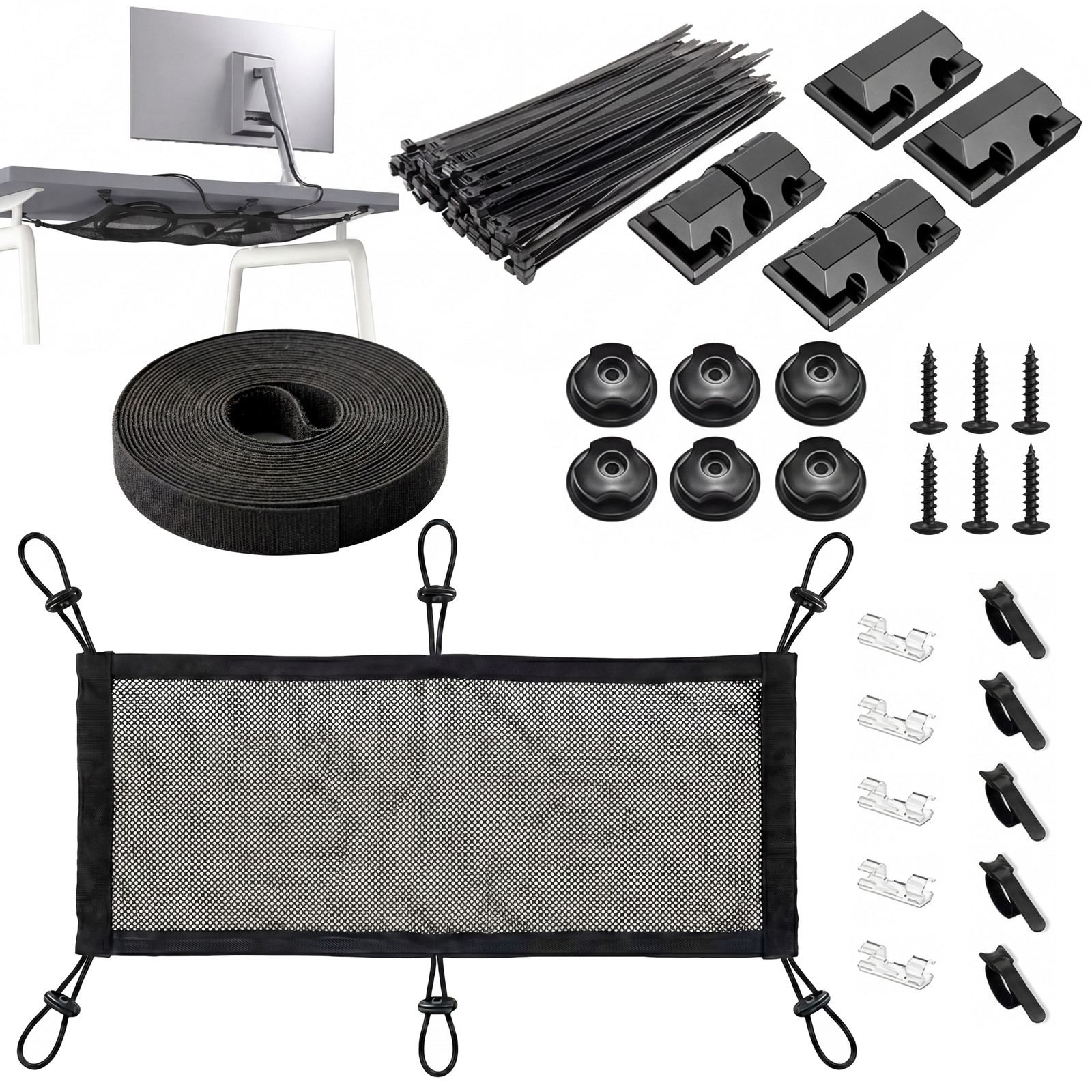 Turonic DM2 Cable Management Kit, Under-Desk Net + Cable Organizers, No-Drill