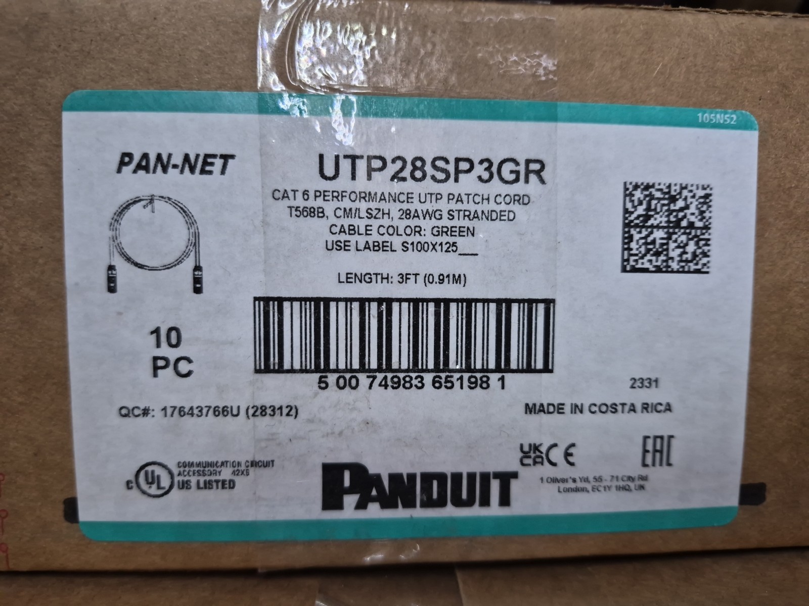 (Case Of 10) Panduit UTP28SP3GR Cat 6 Performance UTP Patch Cord Green