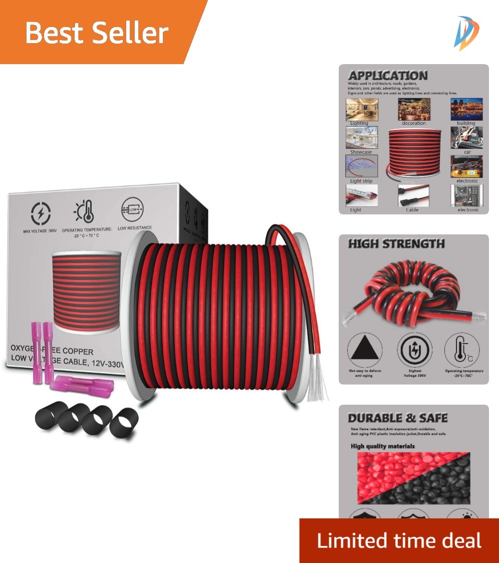 65.6ft 22AWG Tinned Copper Extension Cable for LED Strips and Vehicle Lighting