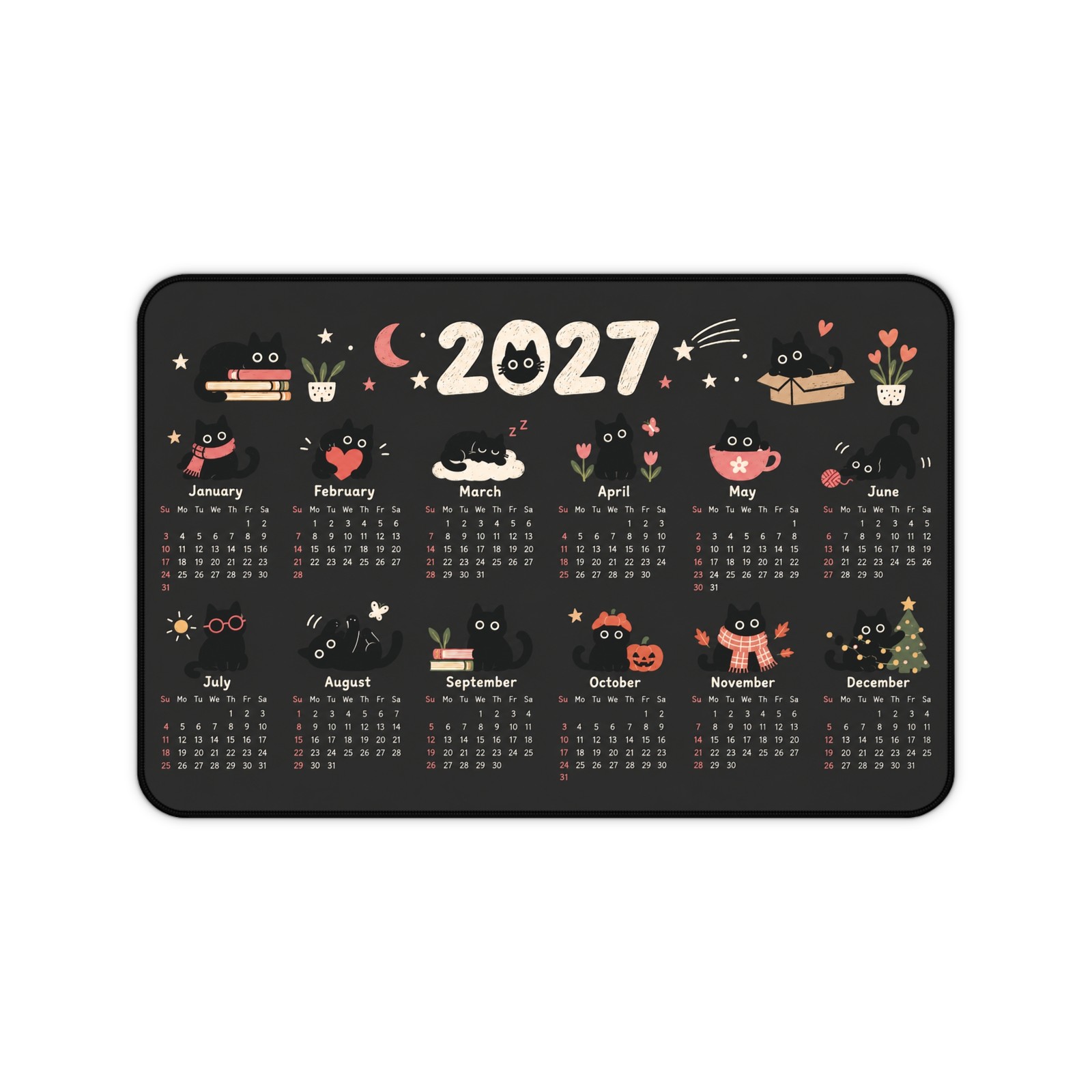 2027 Black Cat Calendar Desk Mat Mouse Pad | 2 Sizes | Cute Kawaii Art.