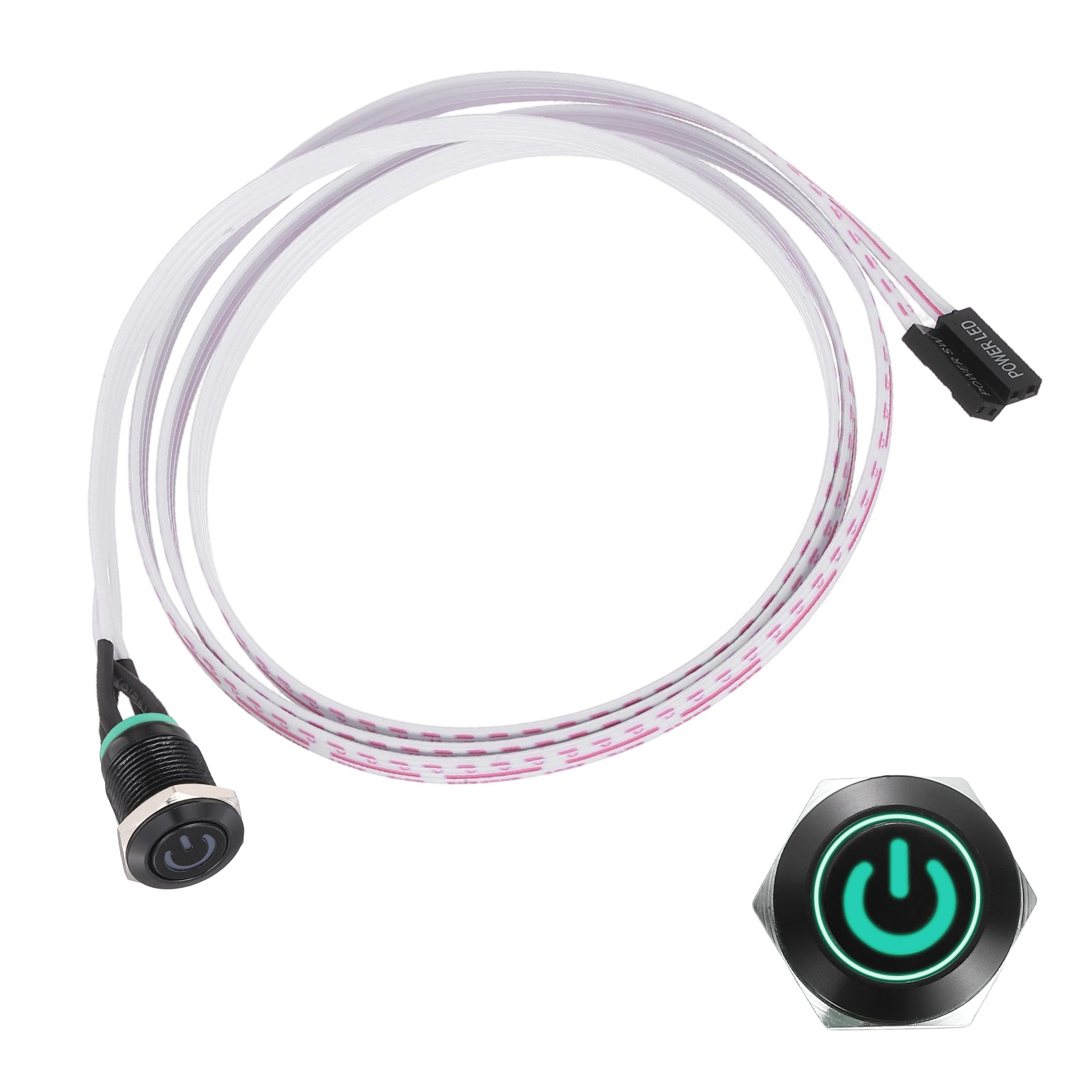Chassis Metal Button 12mm Power Symbol Green LED Power Button 100cm Wire Black