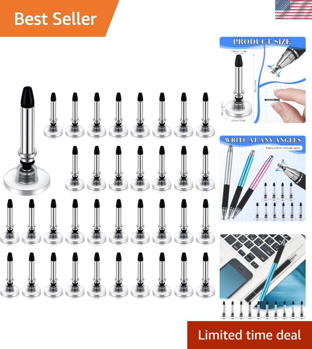 36-Pack Black & Silver Stylus Tips for Capacitive Touch Screens - Easy Install