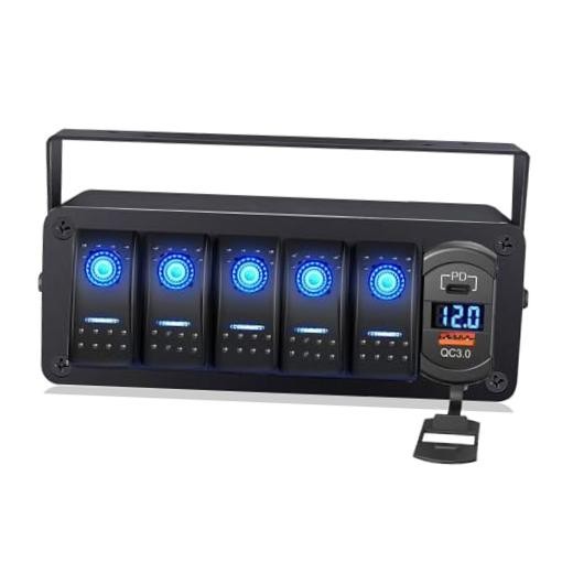 5-Gang Rocker Switch Box | 12V SPST ON/Off, PD Type C & QC 3.0 USB 5 Gang