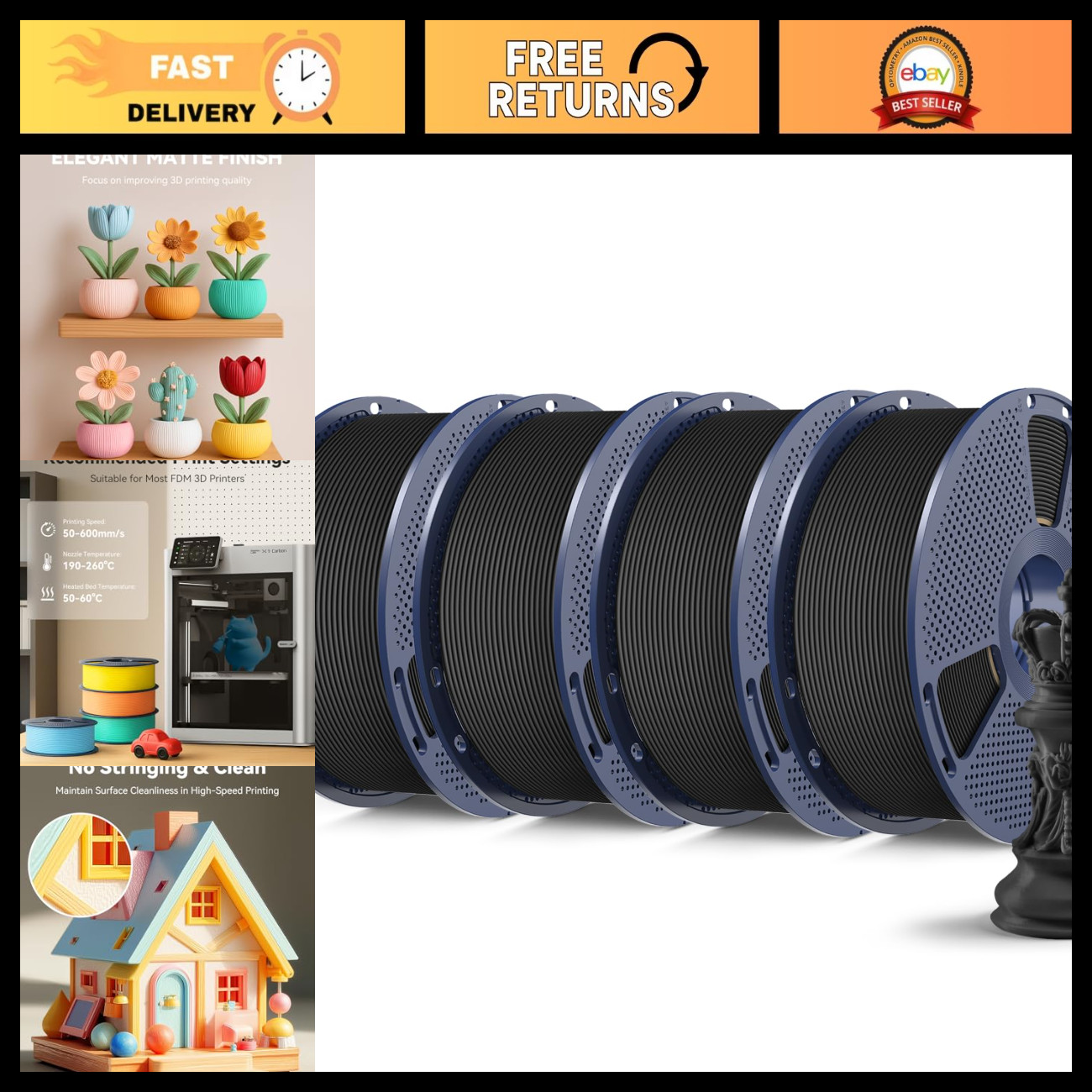 High-Speed Matte PLA 3D Printer Filament 4KG - Matte Black, Premium Quality, Dur