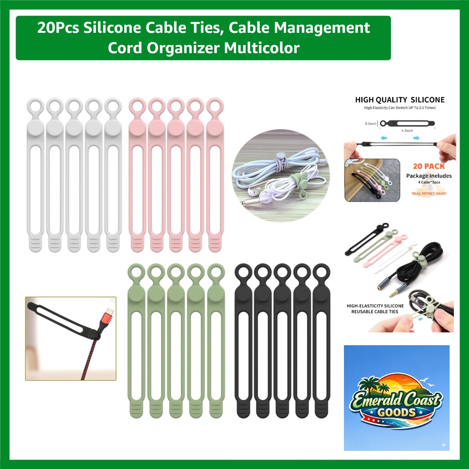 Versatile 20PCS Silicone Cable Ties - 4.2 Inch for Cables & Household Items
