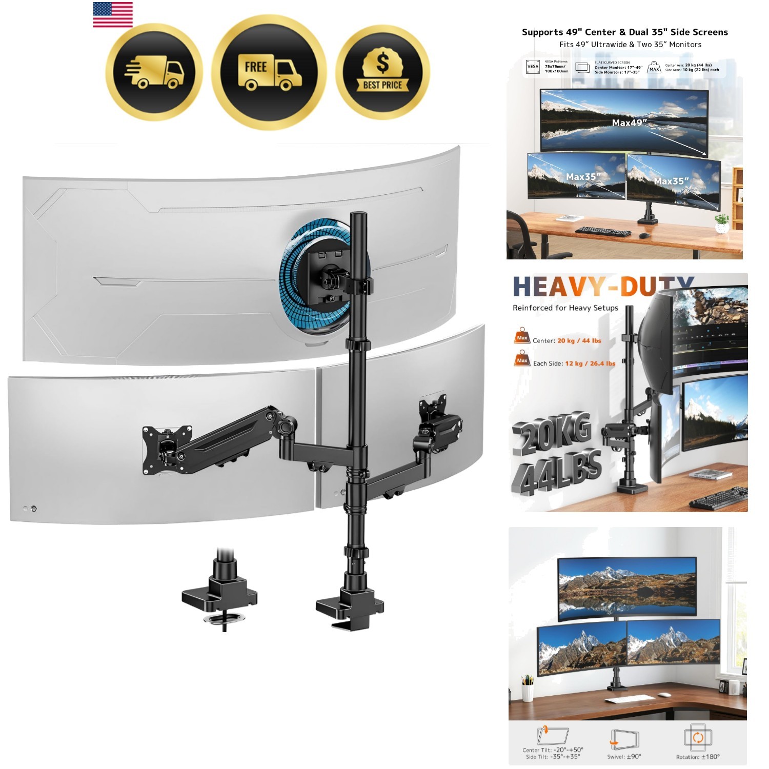 Triple Monitor Mount 49 Inch Adjustable Heavy Duty Gas Spring Desk Mount Black