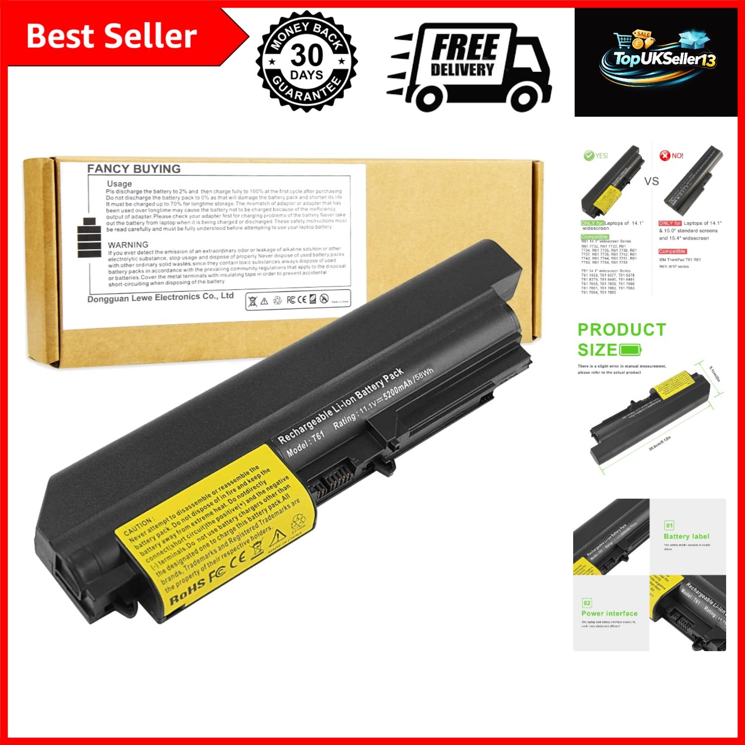 Laptop Battery for IBM/Lenovo ThinkPad R61 R61i T61 T61p T61u T400 R400...