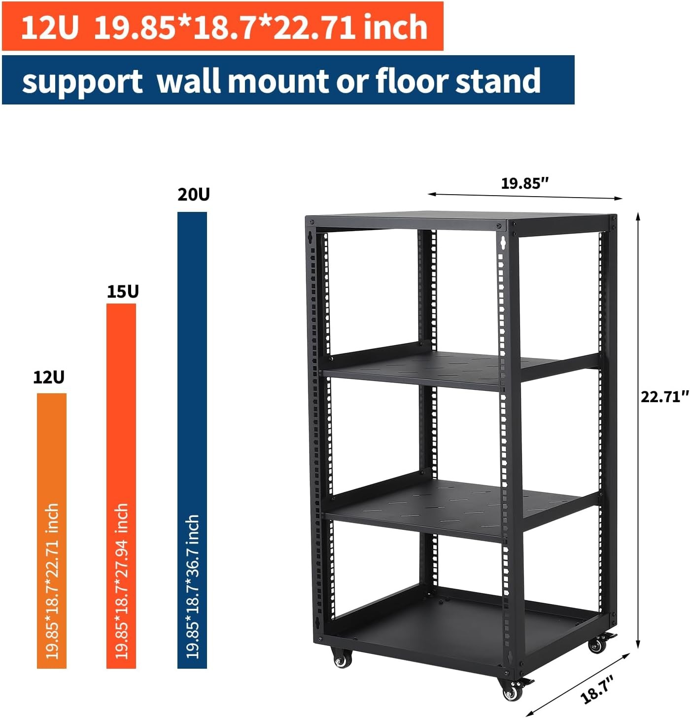 Open Frame Network Rack 12U 15U 20U for IT AV Gear Floor Standing Wall Mount 