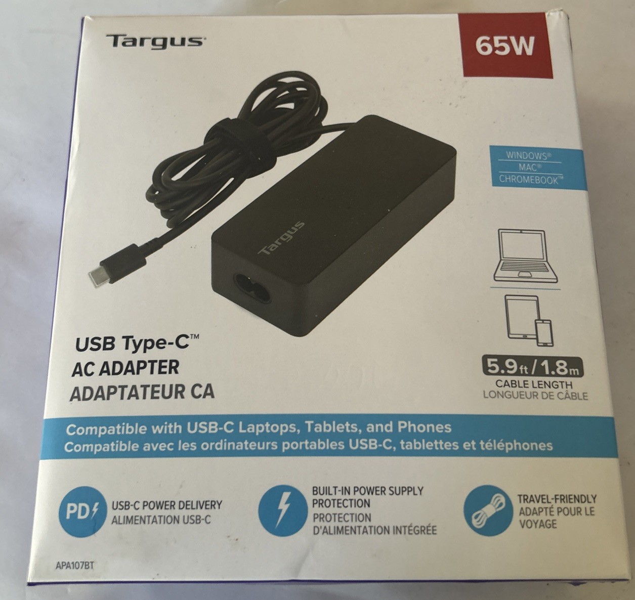 Targus 65W USB-C Adapter Laptop Tablet Phone Charger 5.9 ft. in Black New OB