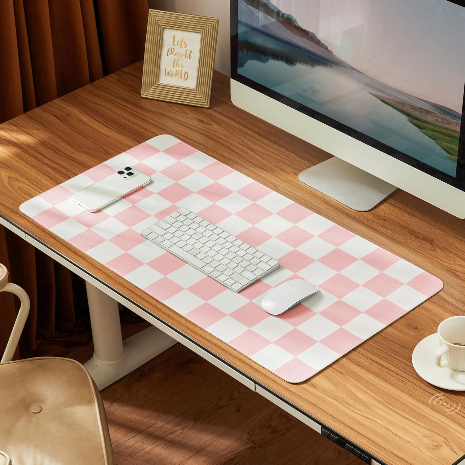Checkered Desk Mat, Large Cute Aesthetic Retro PU Leather Computer Laptop Desk M