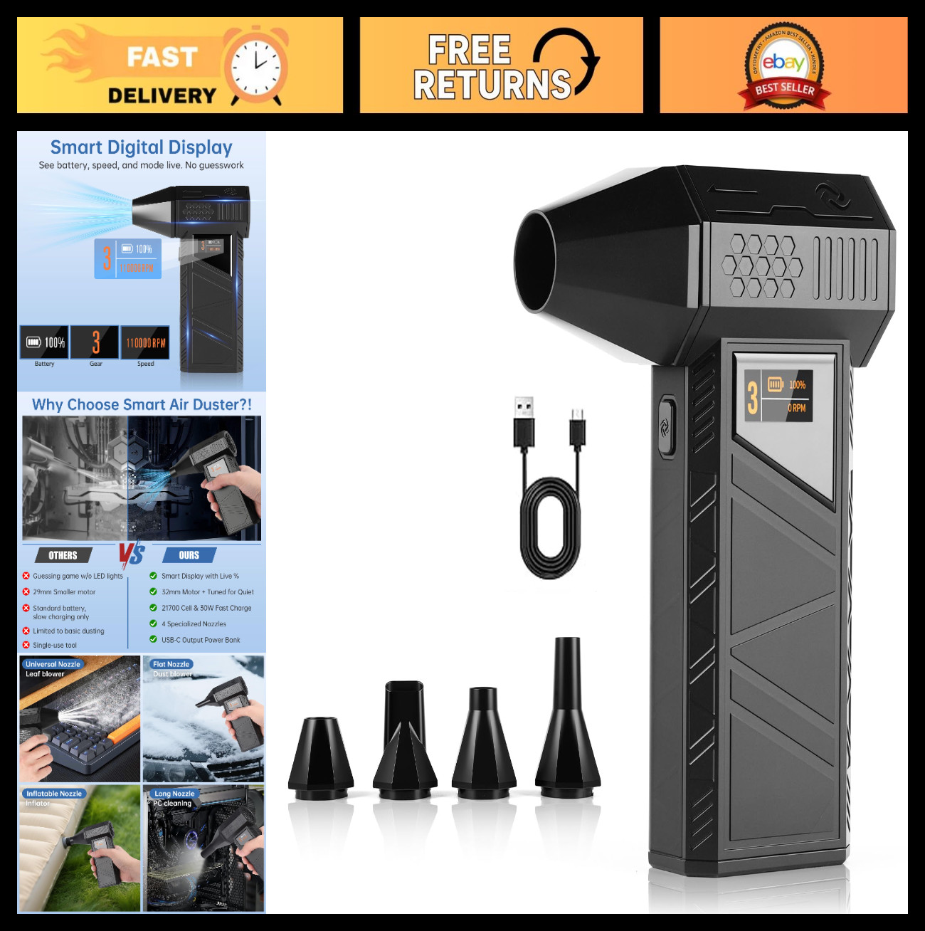 Cordless Turbo Fan Air Duster 70m/s - Smart Display, Brushless Motor, 4 Nozzles,