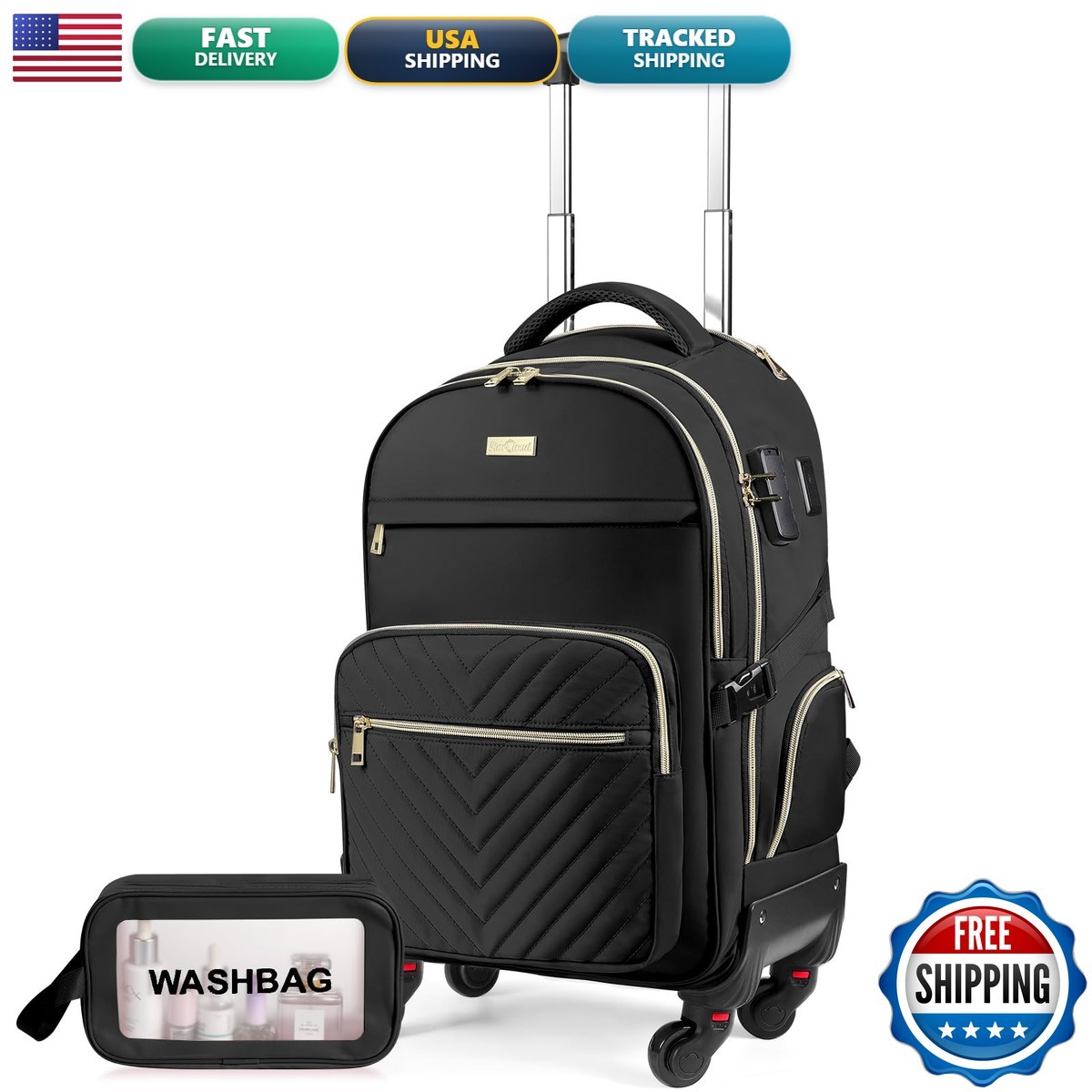 Star Cloud Rolling Backpack 21"x14"x9" 45L Wheels USB-C Fits 17.3" Laptop Black