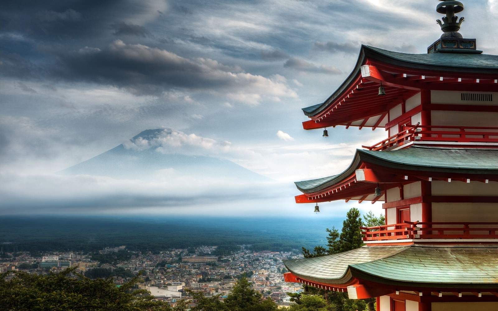 Landscape japan mount fuji cityscape pagoda overcast Custom Gaming Mat Desk