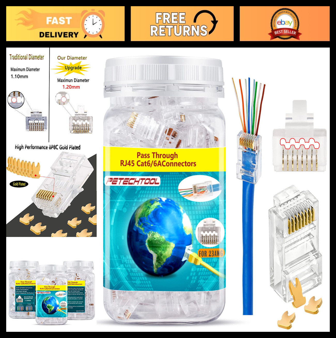 100 Pack Cat6a RJ45 Connectors Gold Plated 8P8C Pass Through UTP Network Plug