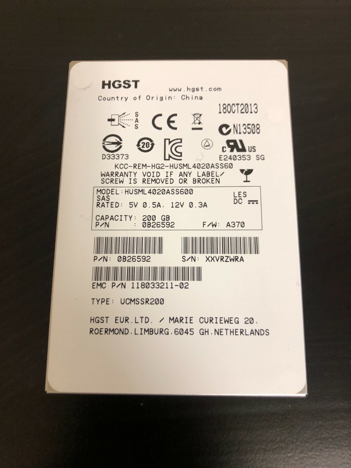 EMC Hitachi HGST 200GB SSD 2.5" 6Gbs SAS 0B26592 Hard Drive HUSML4020ASS600