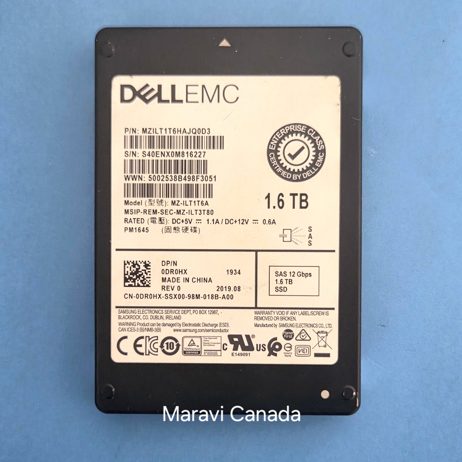 Dell EMC 2.5" 1.6TB SAS SSD 12Gb/s PM1645 MZILT1T6HAJQ0D3 MZ-ILT1T6A DR0HX