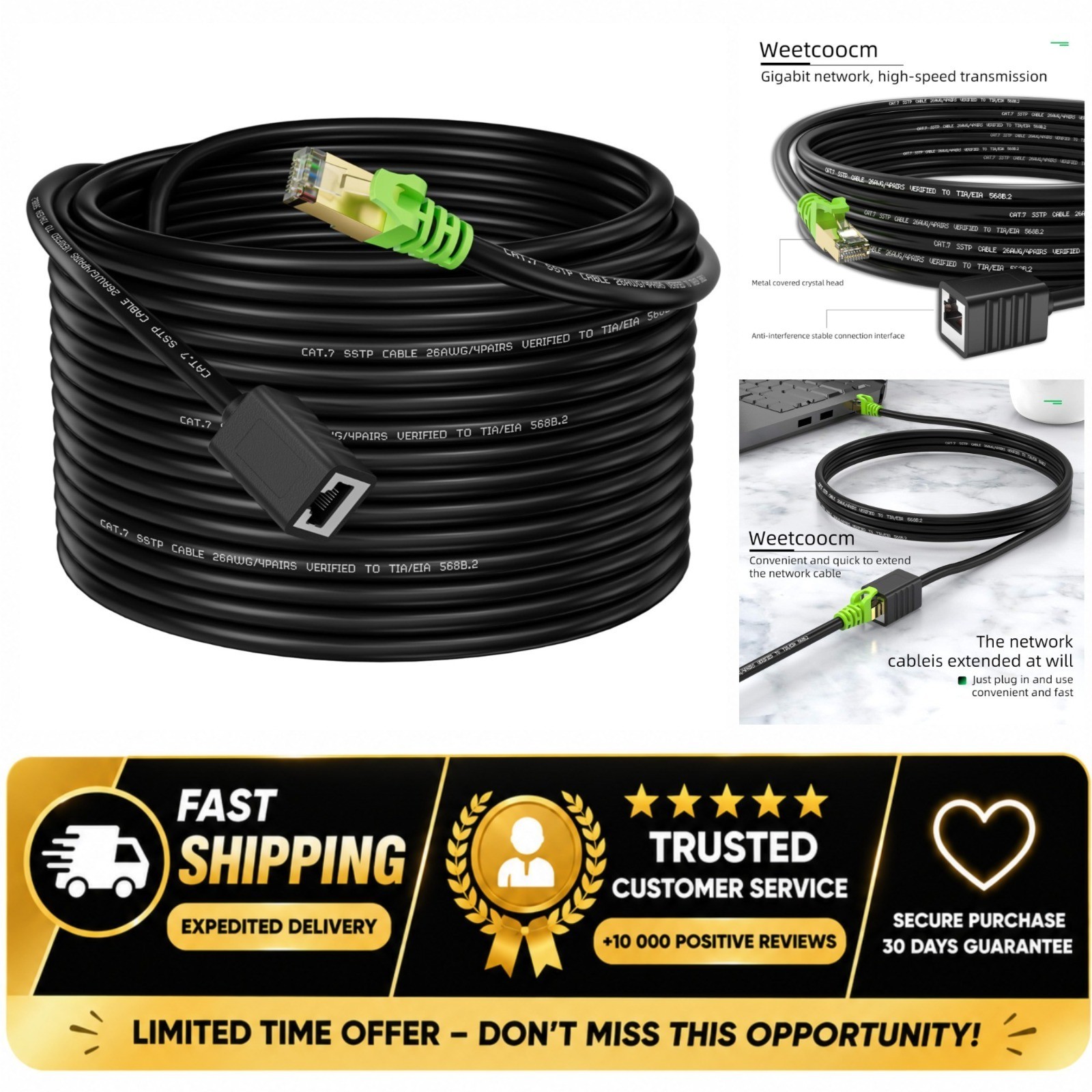 Cat6a Ethernet Extension Cable 20ft Shielded RJ45 Male to Female Patch Cord