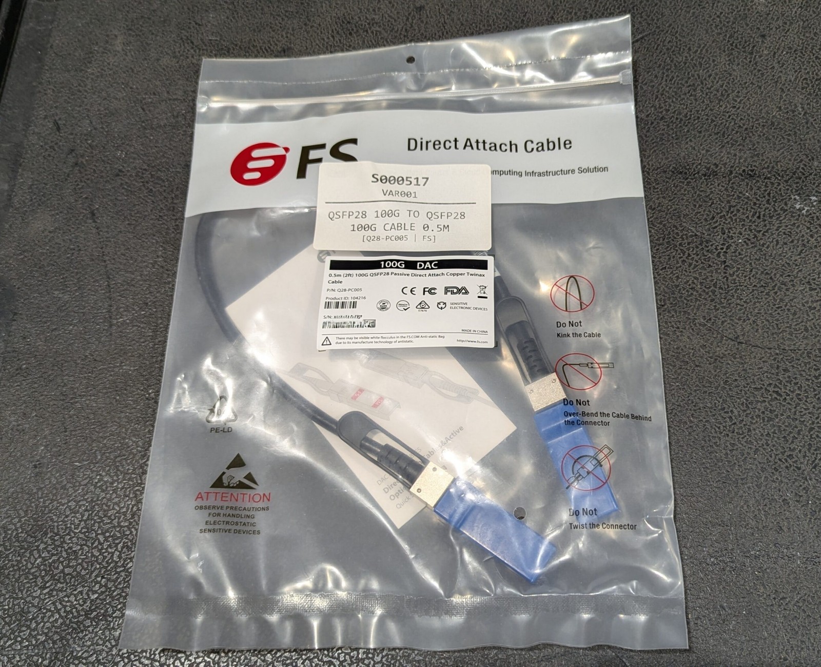 Factory Sealed FS Q28-PC005 .5m 100G QSFP28 QSFP Passive DAC Copper Twinax Cable