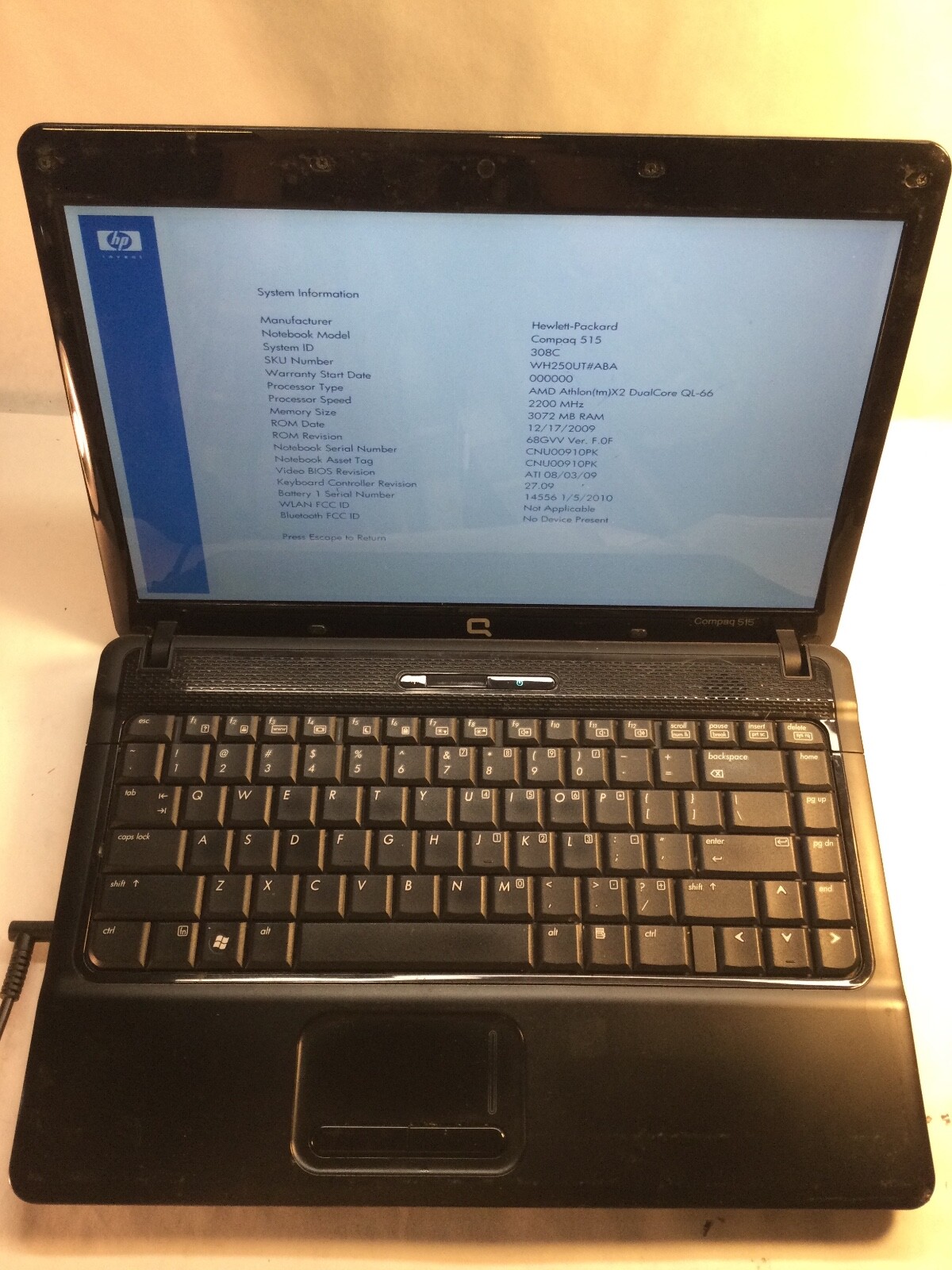 HP Compaq 515 14" Laptop AMD Athlon X2 Dual Core QL-66 @ 2.2GHz-BOOTS BIOS -MZ