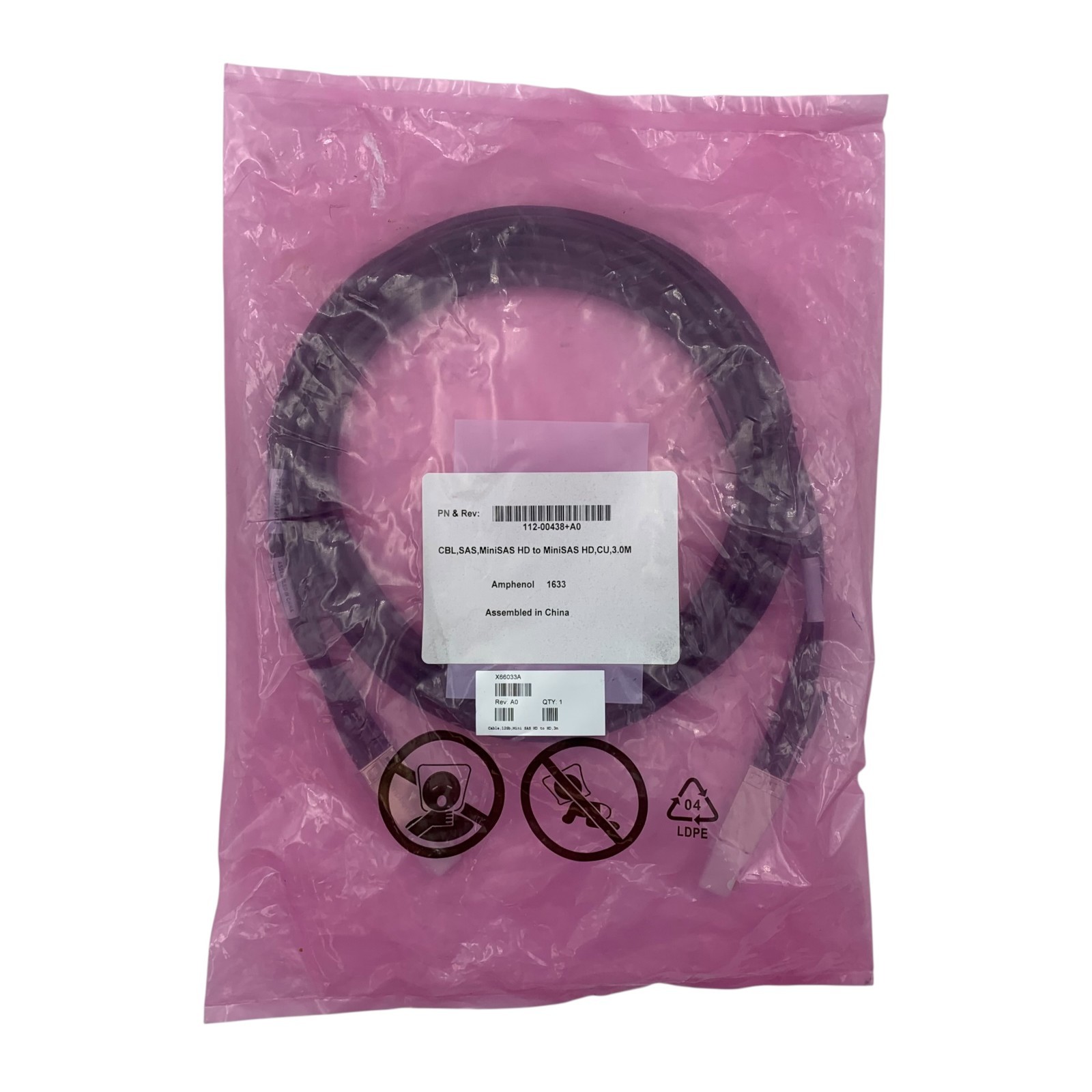 NETAPP X66033A MINI SAS HD TO HD 12GB- 3M CABLE - 112-00438+A0 Amphenol FREE S/H