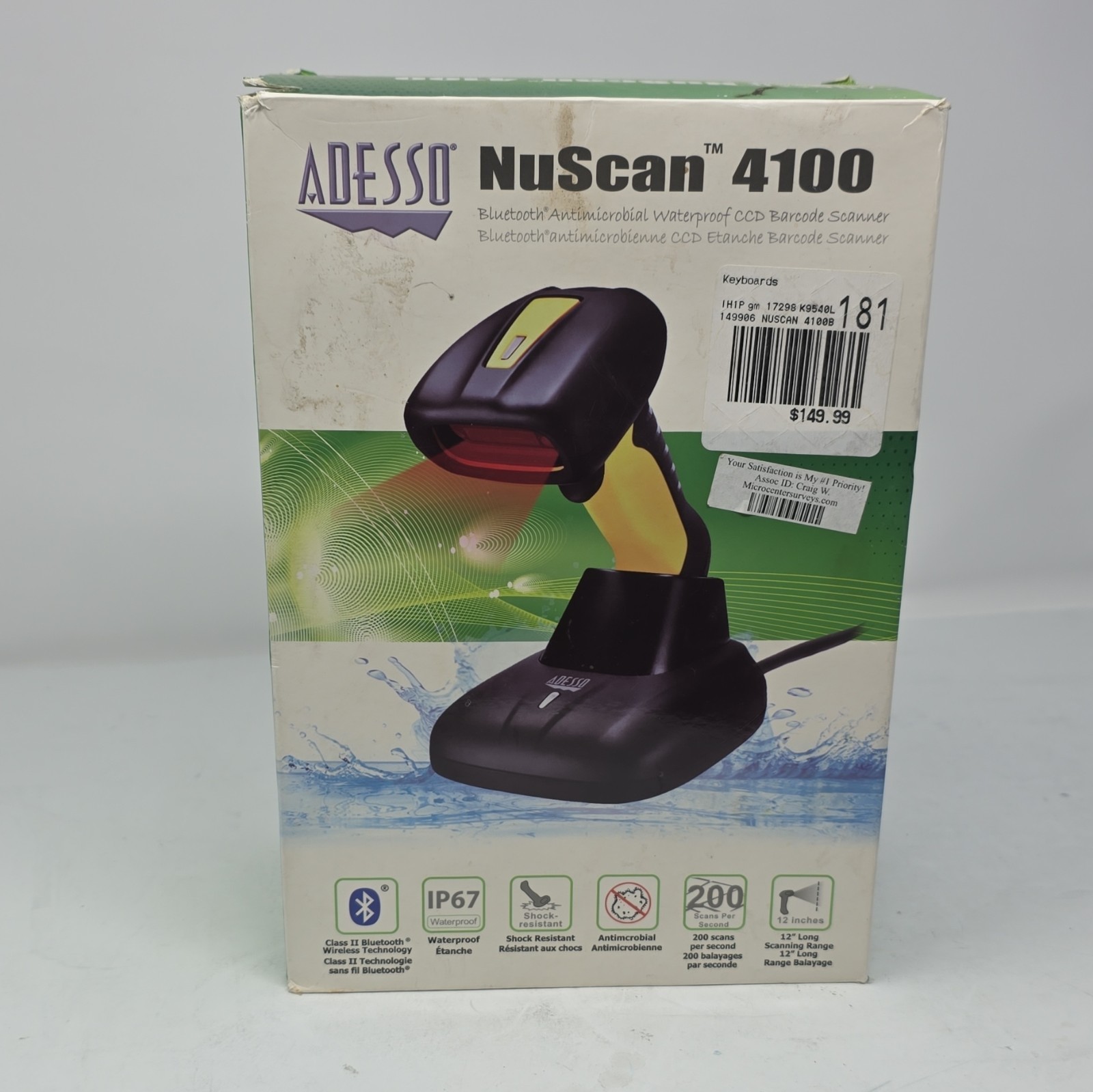Adesso Bluetooth CCD 1D Handheld Barcode Scanner Black/Yellow NUSCAN 4100B