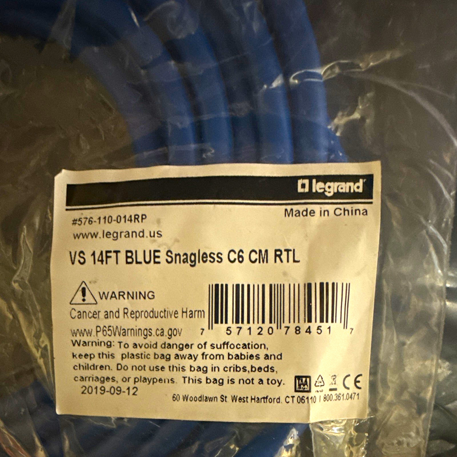 Legrand Cat6 14 ft Blue Snagless RJ-45 Ethernet Patch Cable 576-110-014RP