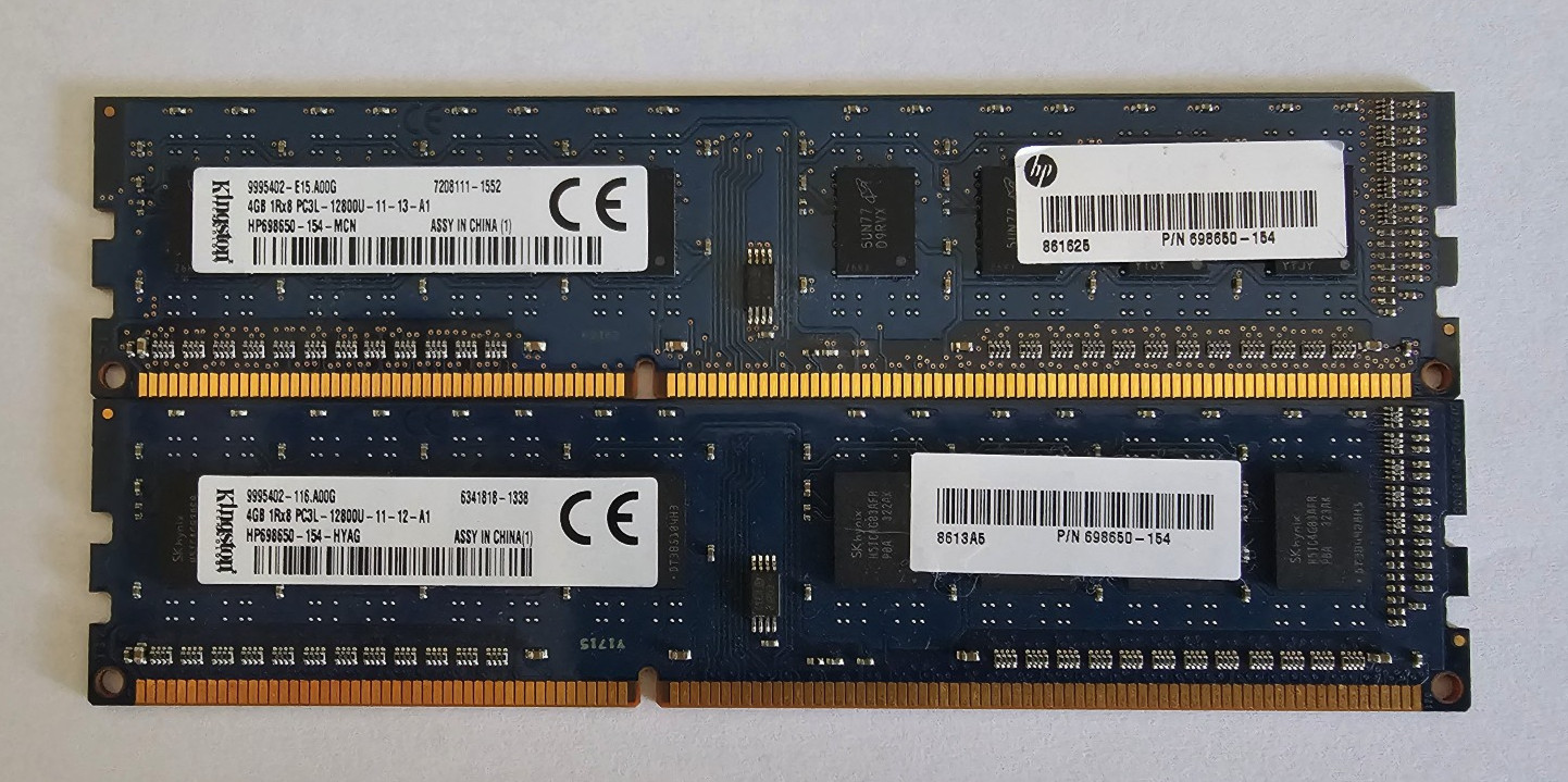 2 Kingston 4GB 1RX8 DDR3 PC3L-12800U-11-12-A1 Desktop PC Memory HP698650-154