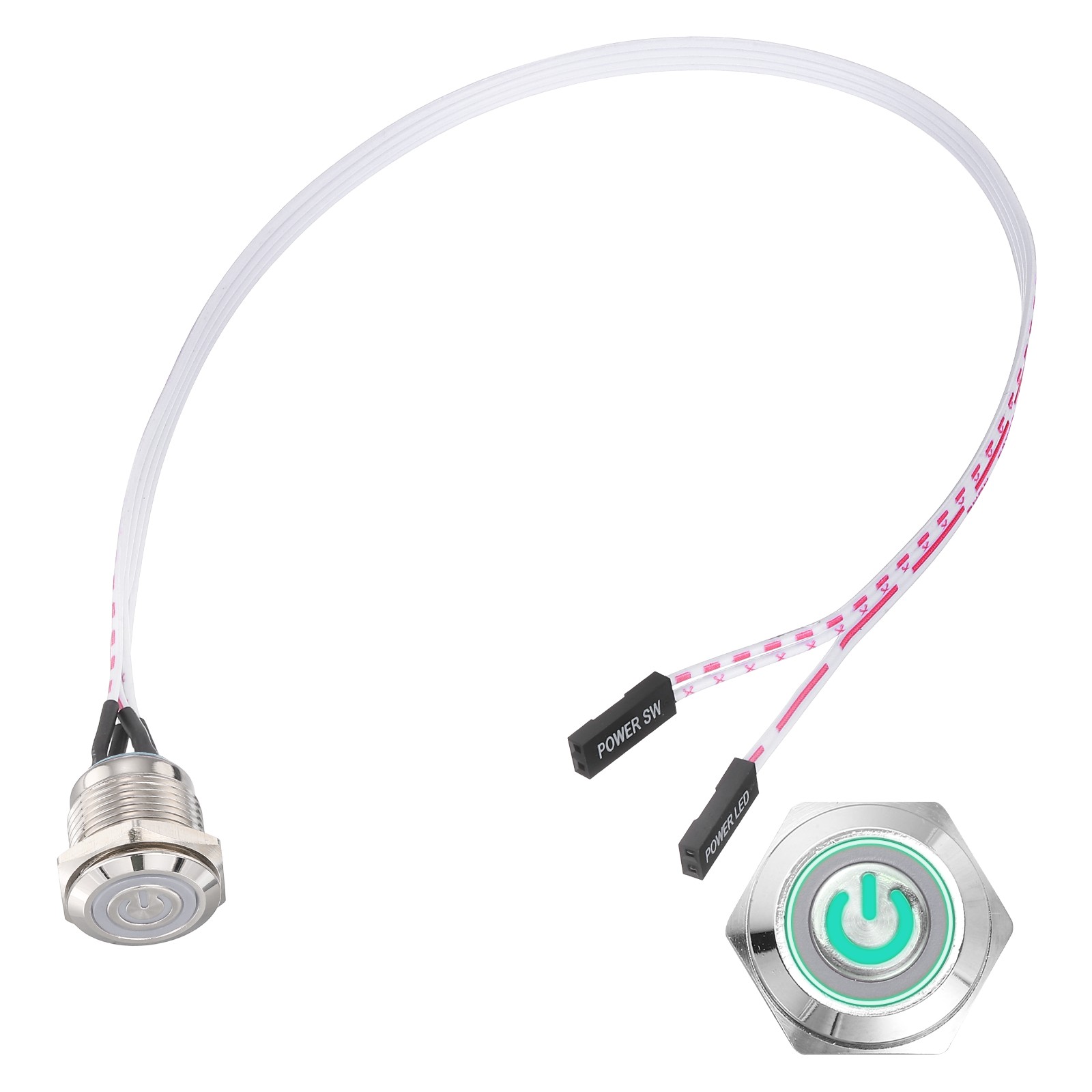 Chassis Metal Button 16mm Power Symbol Green LED Power Button 30cm Wire, Silver