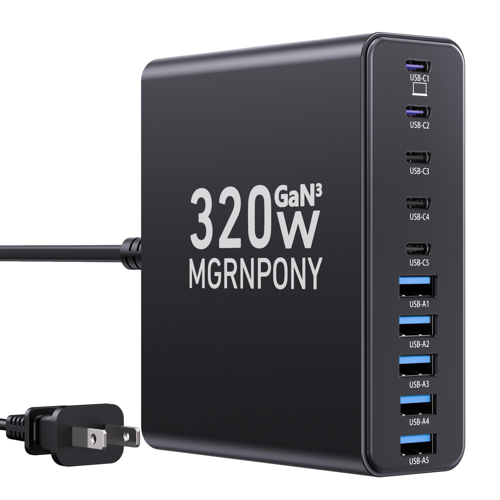 320W USB C Charger Block, 10-Port C Charging Station GaN III PD 65W Black