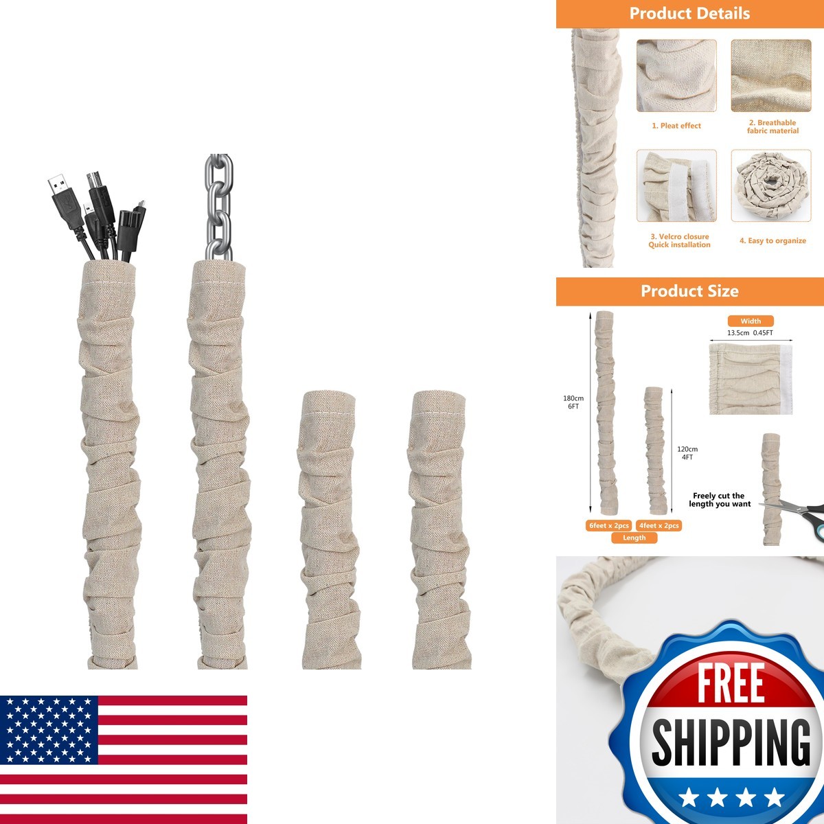 Hkoaodeo Fabric Cord Cover 2 Pcs 6ft + 2 Pcs 4ft Chain Cable Sleeve Chandelier
