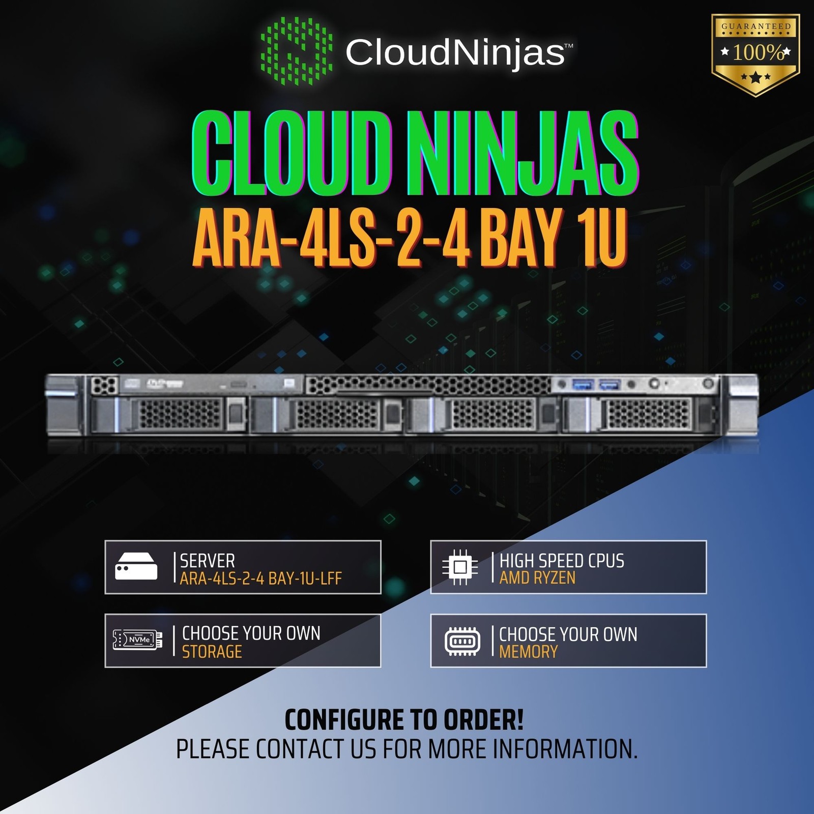 Cloud Ninjas ARA-4LS-2 4 Bay 1U Server AMD Ryzen 7 7700X DDR5 NVMe 2x 350W PSU