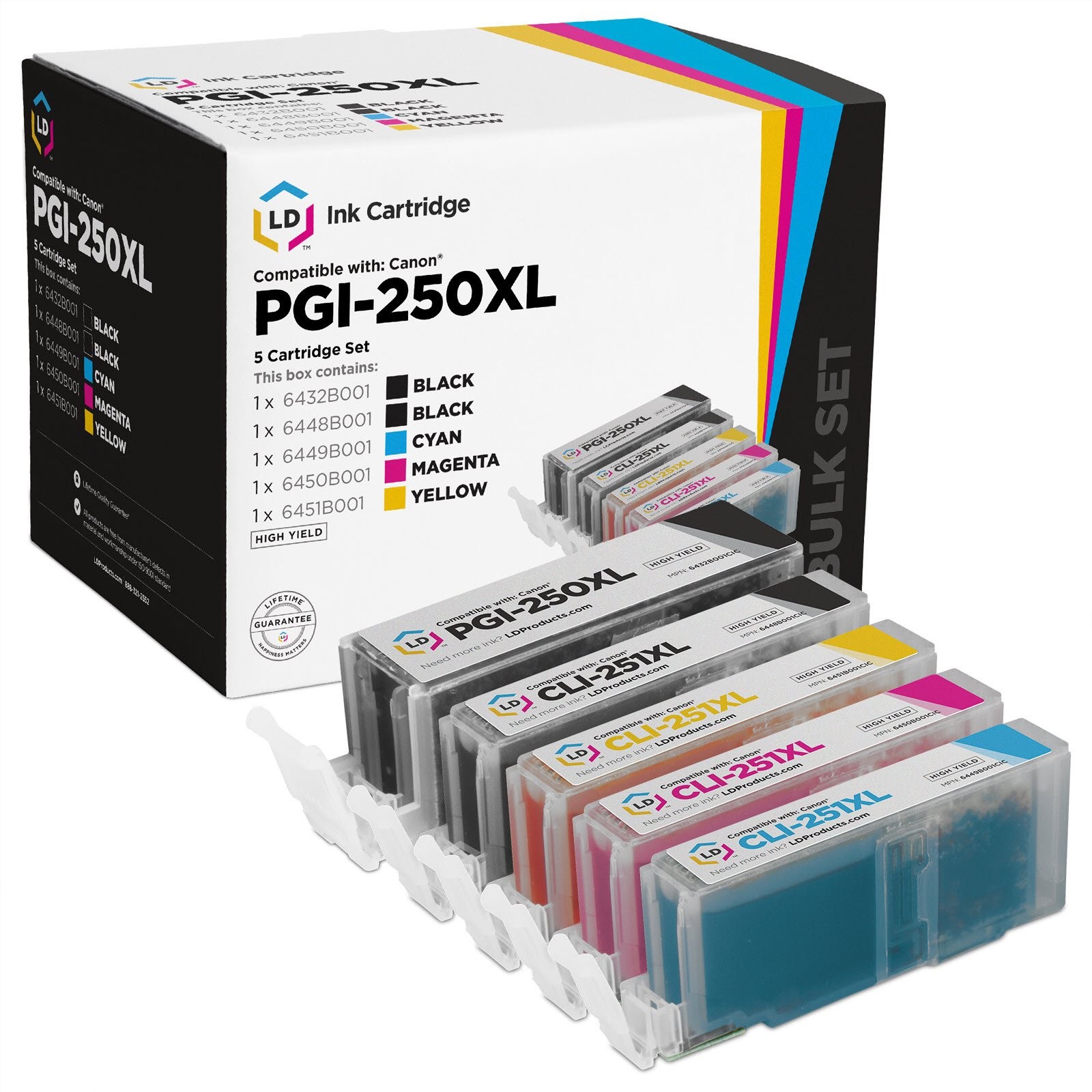 LD Compatible Canon PGI250XL / CLI251XL HY Ink: 1 Pigment BK, 1BK, 1C, 1M, 1Y