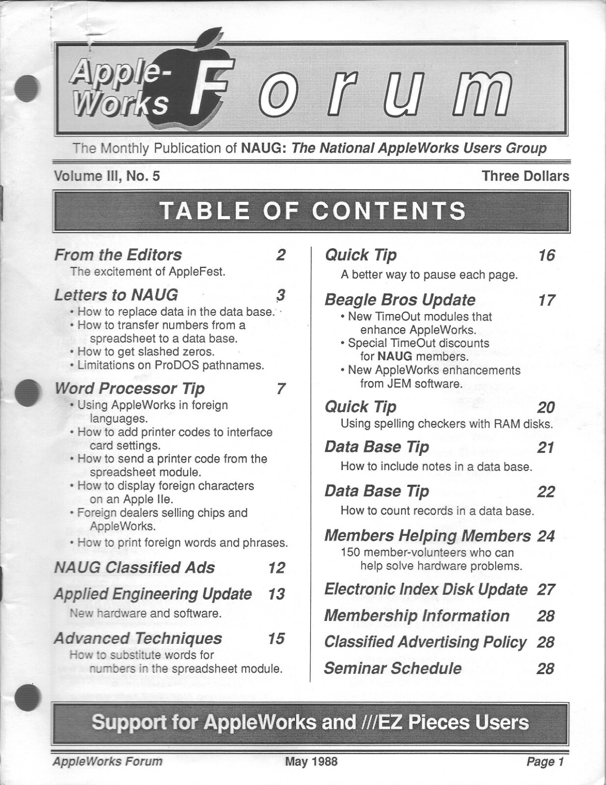 AppleWorks Forum Magazine, May 1988 for Apple II II+ IIe IIc IIgs