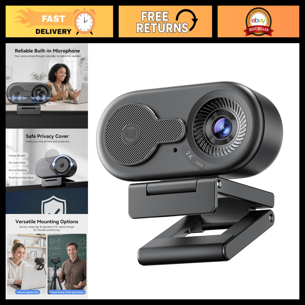 2K Webcam for PC with Rotating Privacy Cover, Built-in Mic & Metal Clip - HD Vid