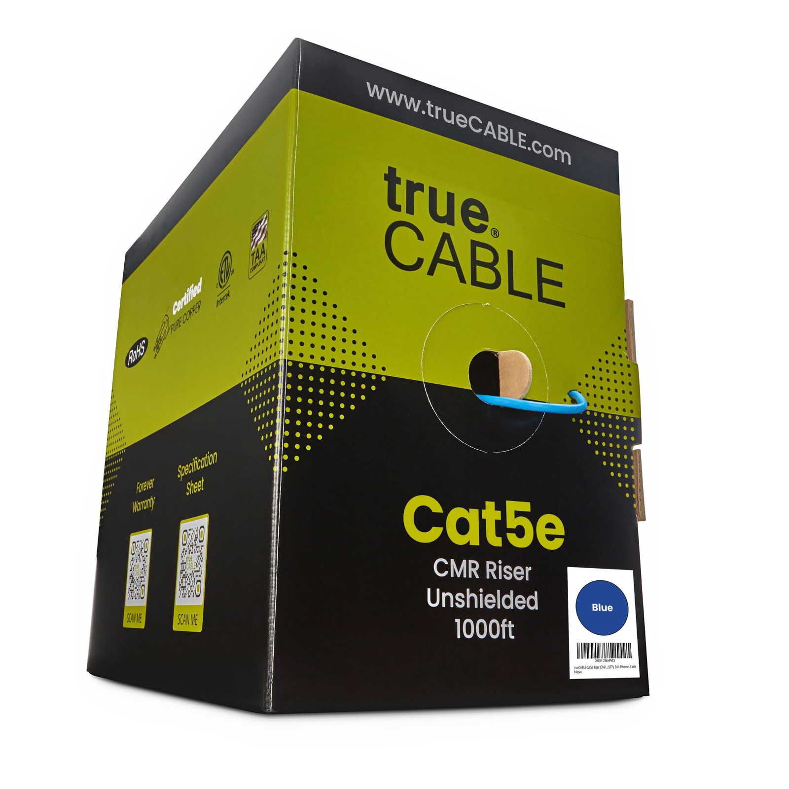 trueCABLE Cat5e Riser 1000ft, Blue, 24AWG 4 Pair Solid Bare Copper, 350MHz, PoE