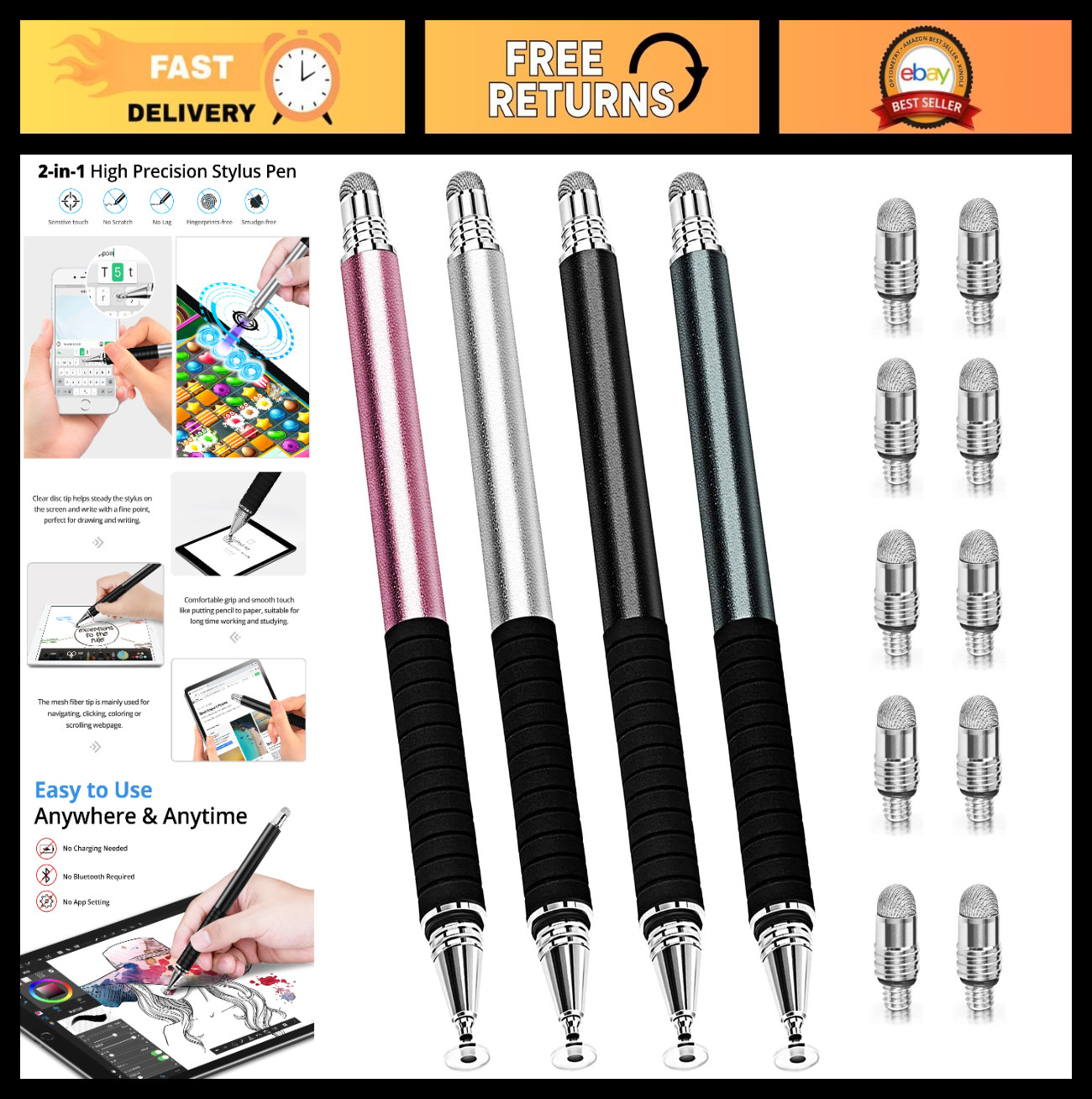 4-Pack Capacitive Stylus Pen Set with 10 Mesh Fiber Replacement Tips - Touchscre