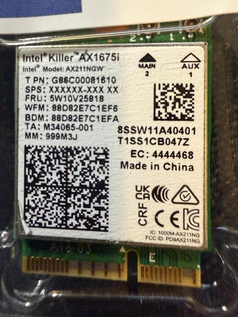 WLAN 	Killer WiFi 6E AX1675 (2x2 ) WIFI 6 for Gaming INTEL  Pulled from an MSI