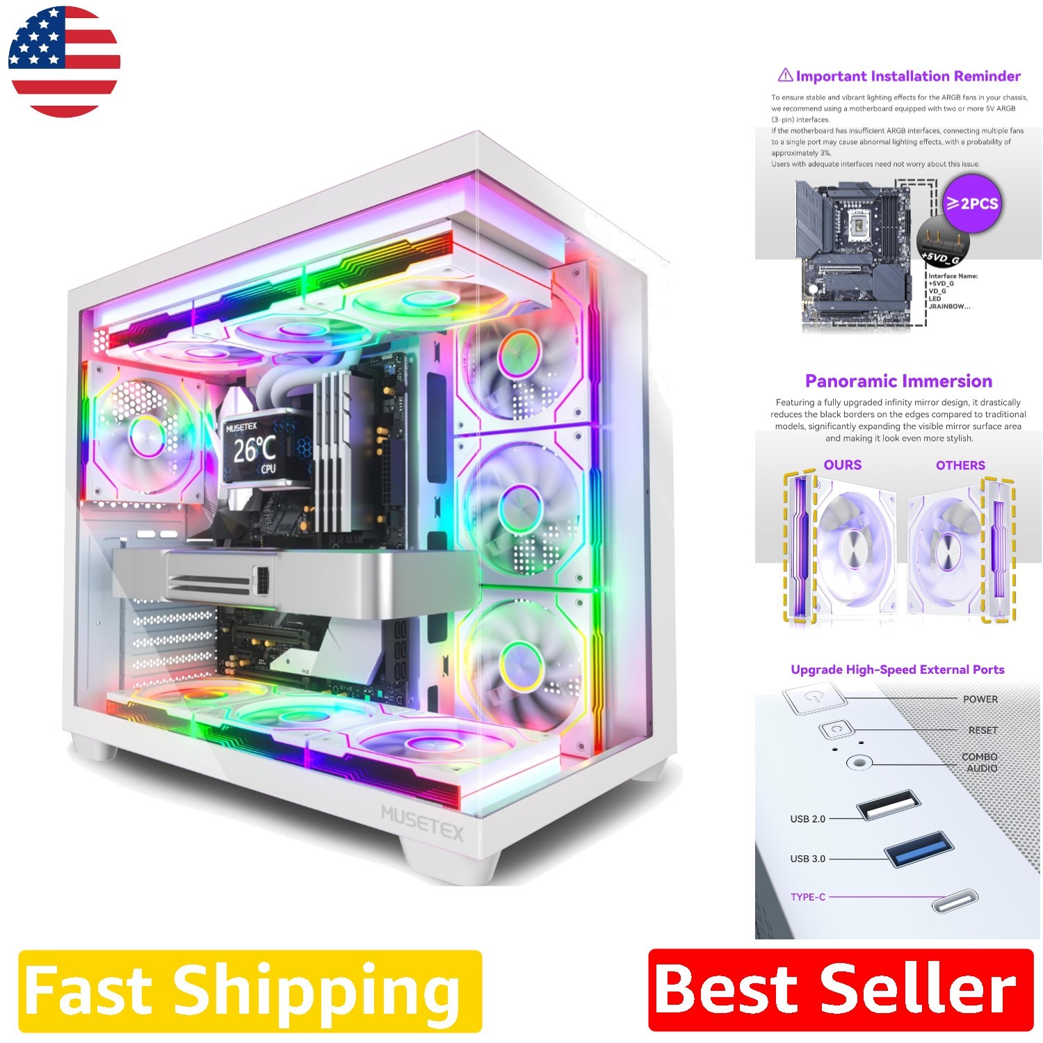 Y6 ATX PC Case White, 7 Infinity Mirror ARGB Fans, 270° Tempered Glass, Type-C