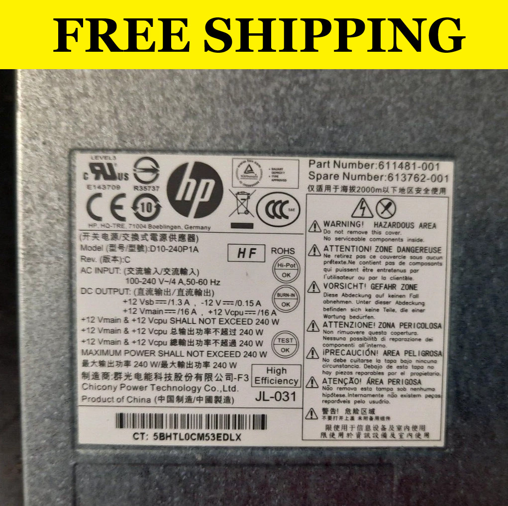HP Compaq Model 240W Power Supply for 8200, 6200 Pro, 611481-001, PS-4241-9HB