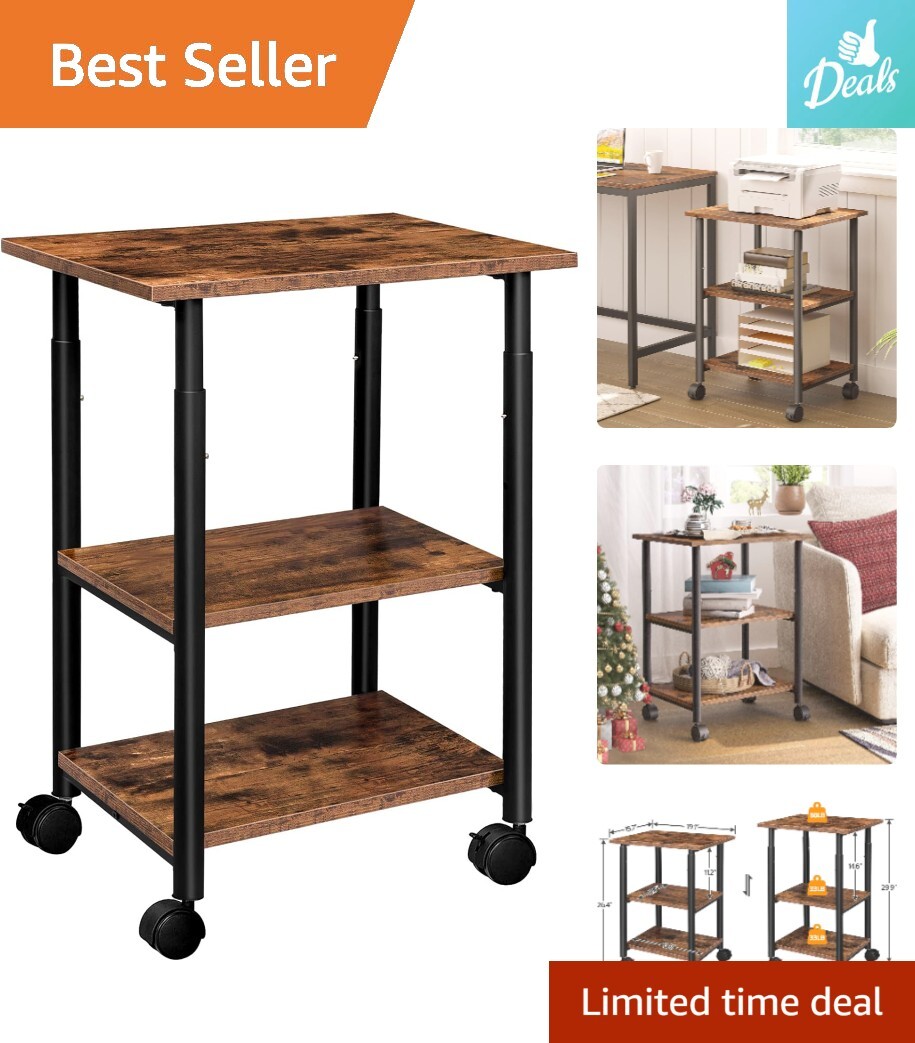 3-Tier Printer Stand - Mobile Storage Rack - Rustic Brown/Black - Organizer