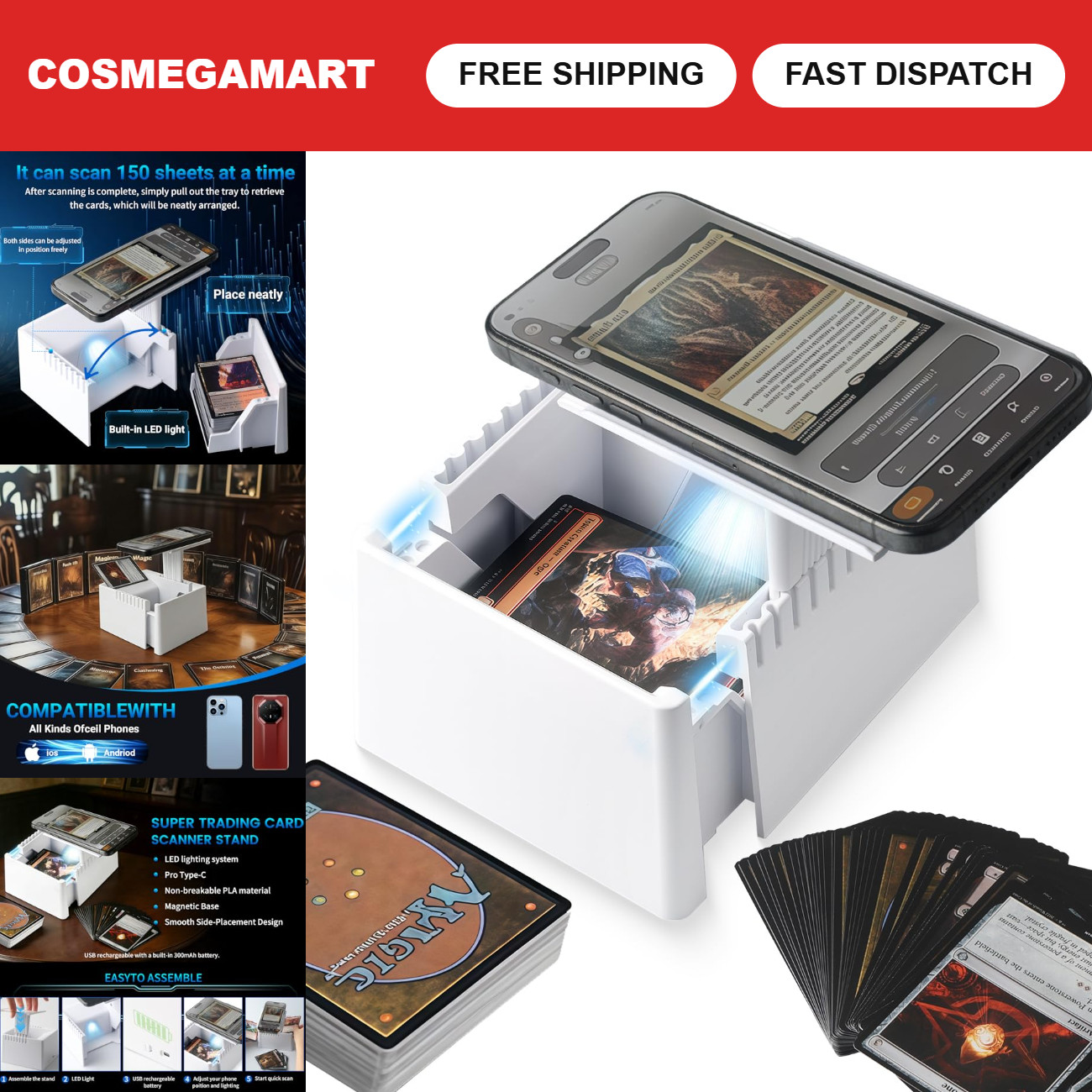 Trading Card Scanner Stand with LED Light for MTG, TCG & Sports Cards Display