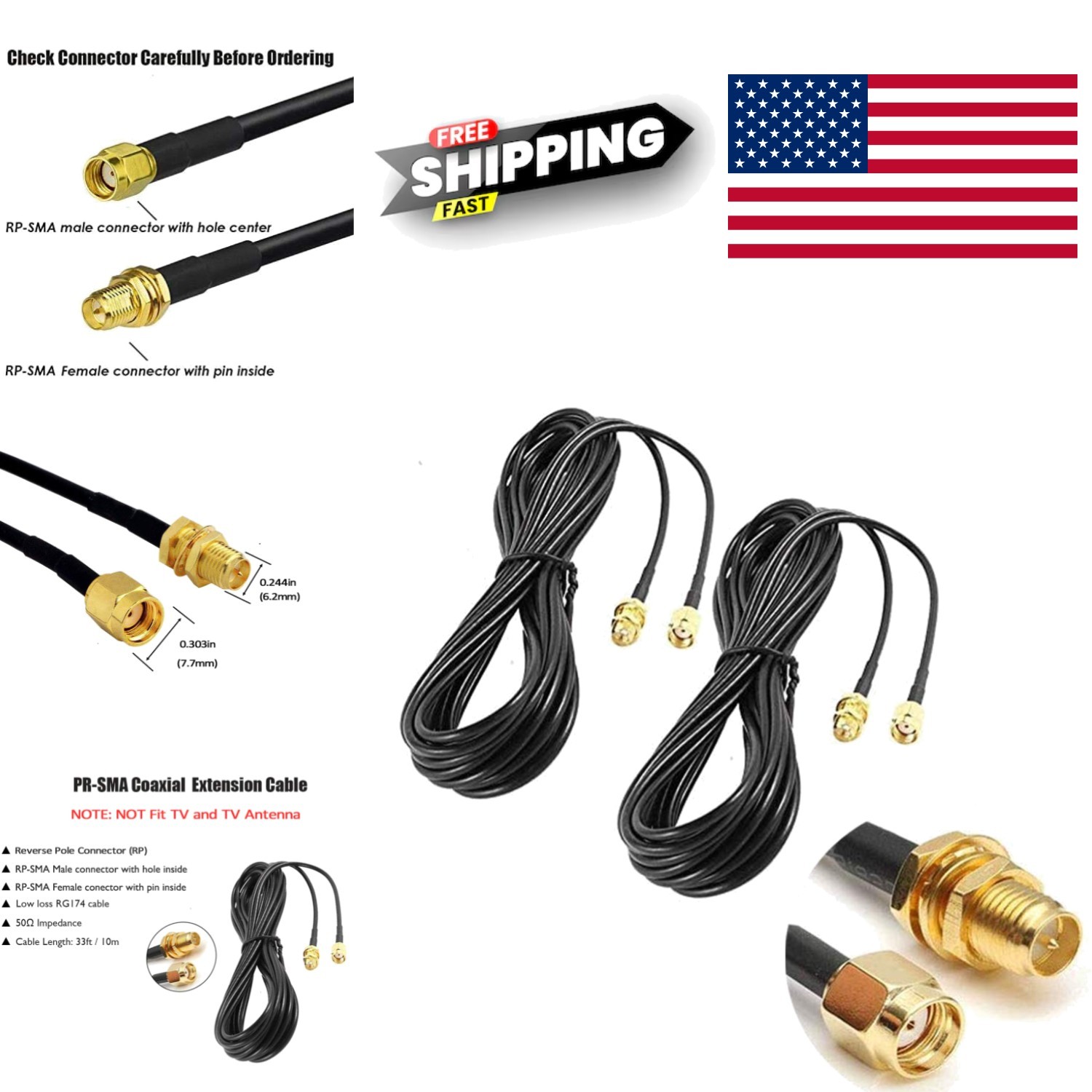2Pack 33ft Coaxial WiFi Antenna Extension Cable for Router and Security Cameras