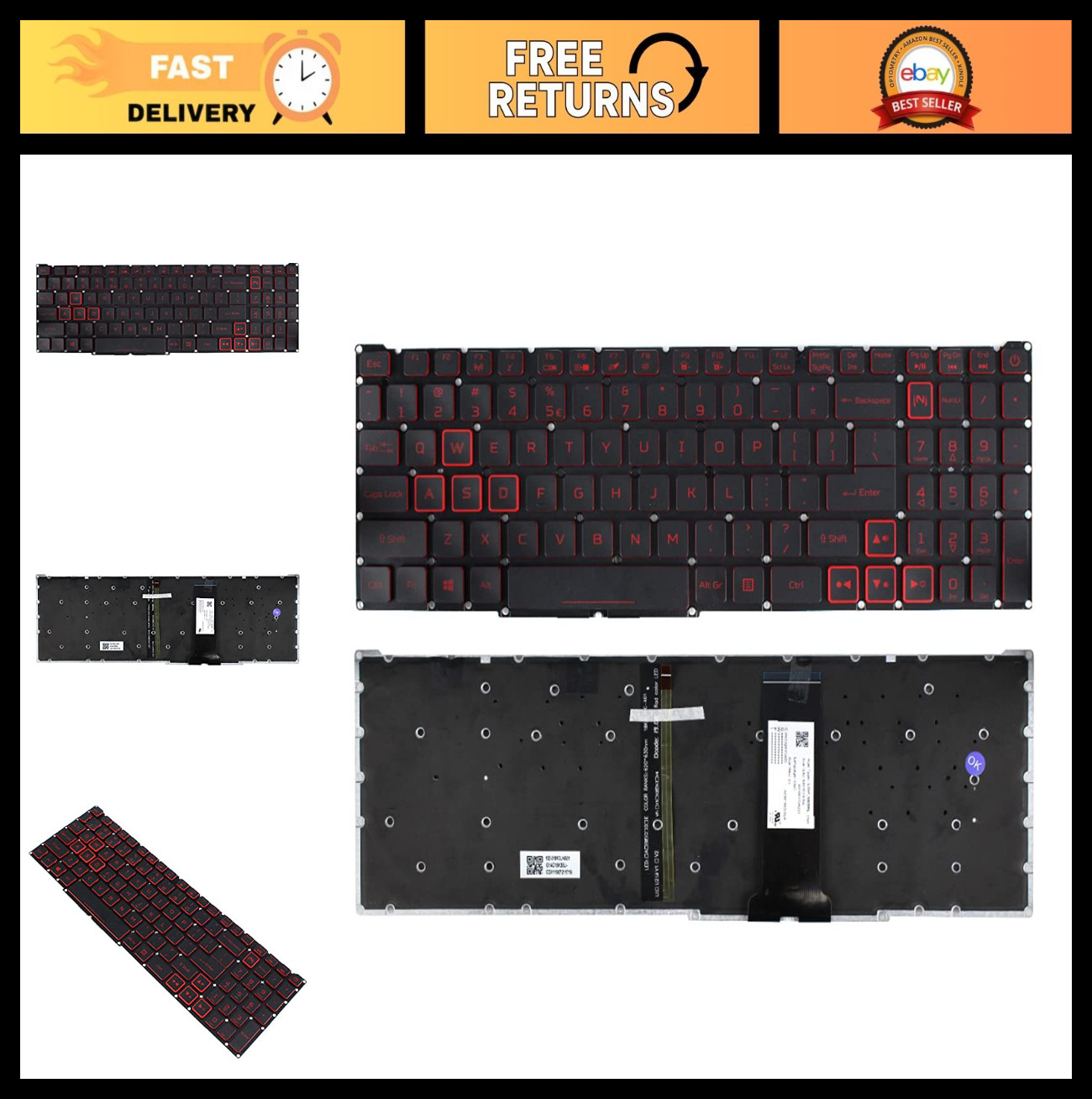 Red Backlit US Layout Keyboard for Acer Nitro 5 AN515 Series - Laptop Replacemen
