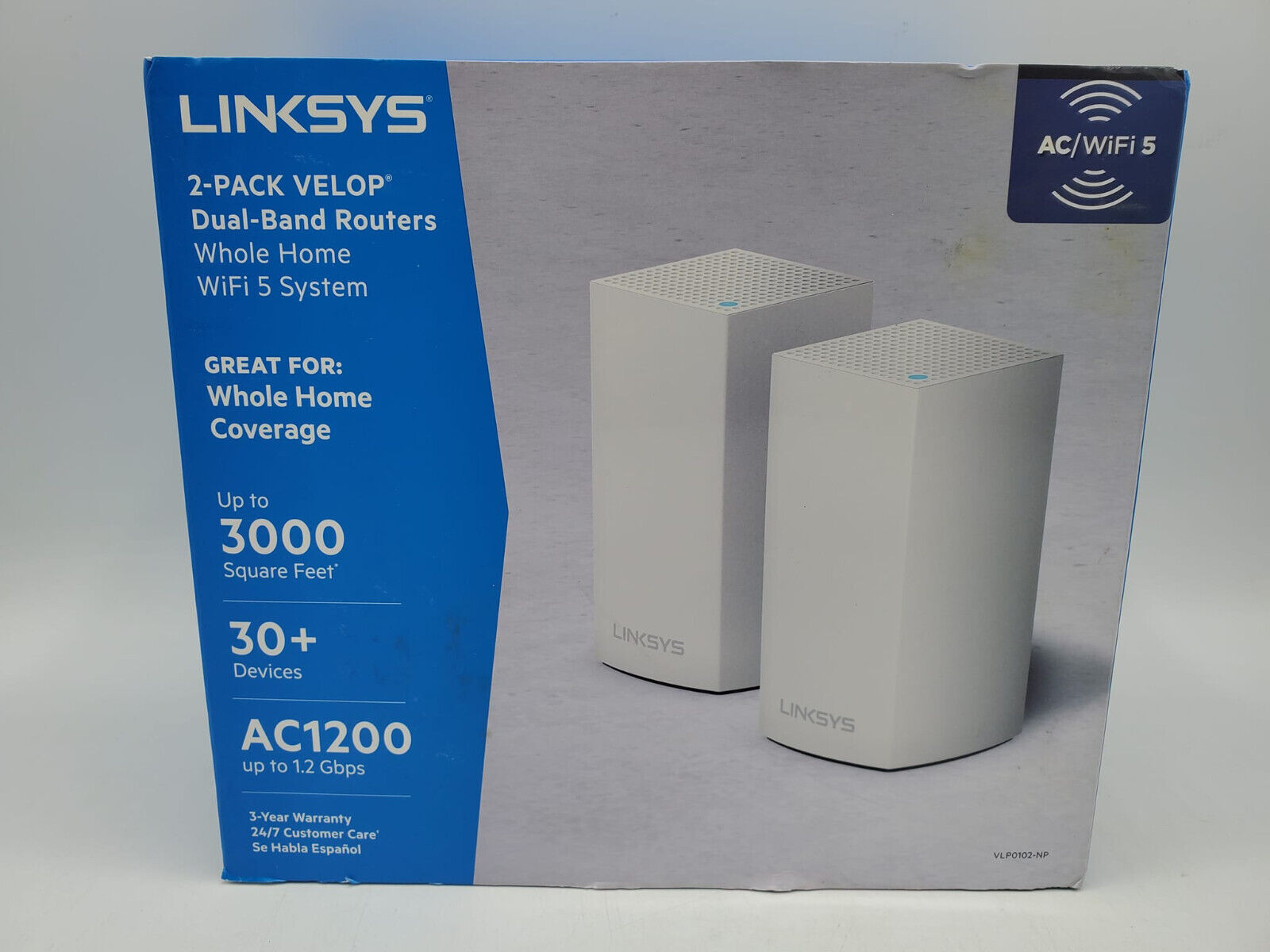 2-Pack LINKSYS VELOP VLP0102-NP Whole Home Mesh Wireless System Wi-Fi AC1200