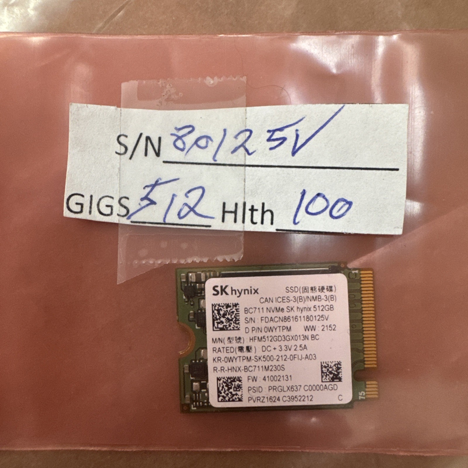SK Hynix SSD BC711 NVMe 512Gb SSD 0WYTPM HFM512GD3GX013N, 100% Health