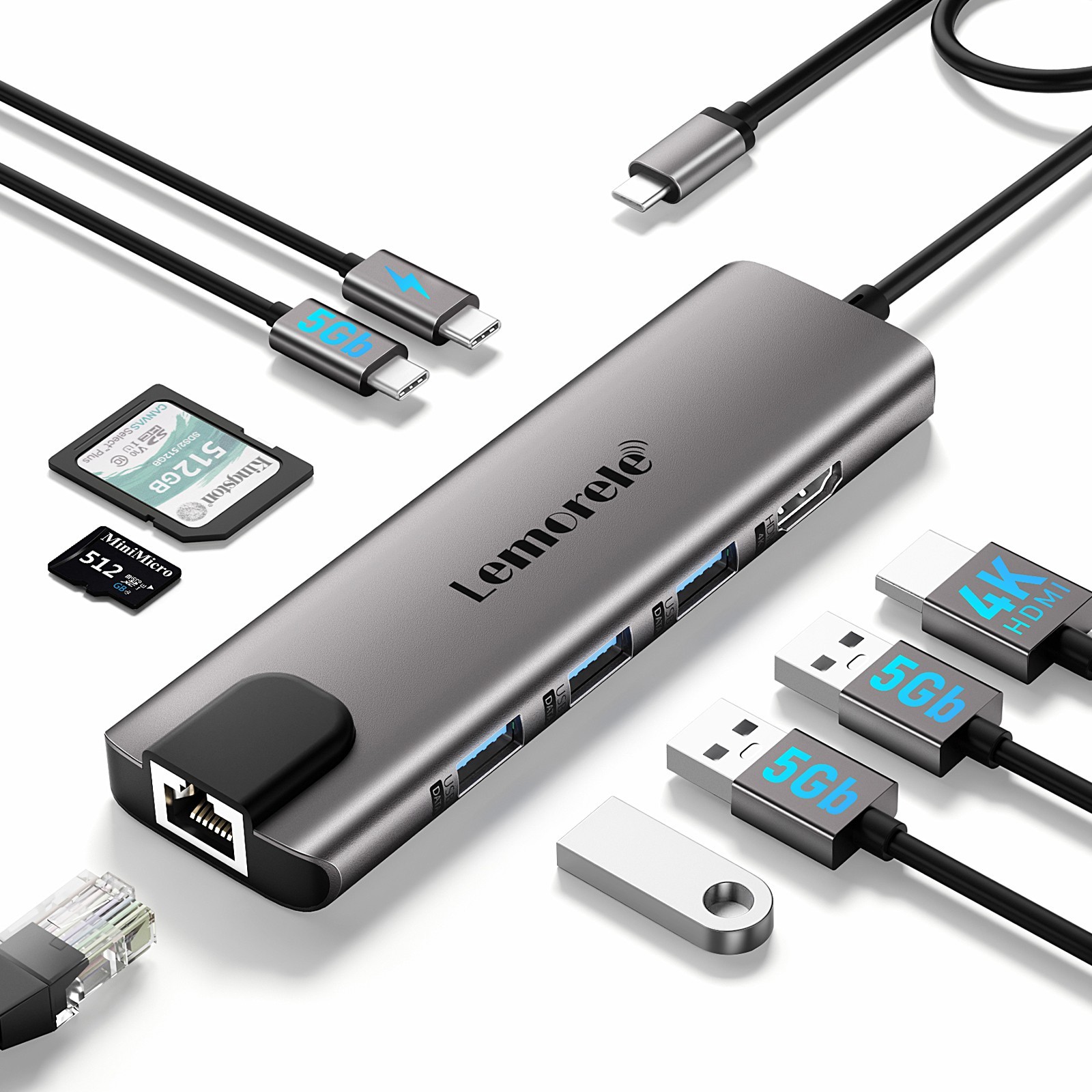 Lemorele USB C Docking Station with Ethernet, 100W PD, 4K HDMI,4 USB Data Port