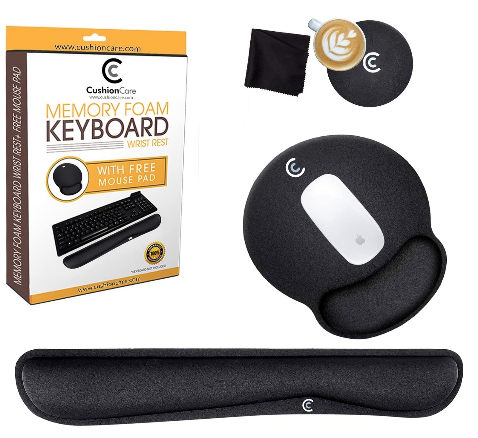 4pc Wrist Rests for Keyboard and Mouse Pad Set - Memory Foam Cushion, Black -...